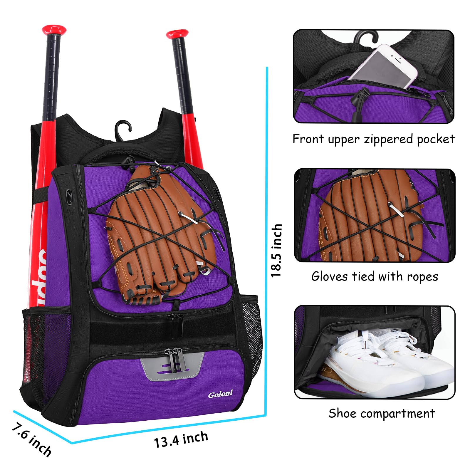 Goloni Mochila de béisbol, bolsa de béisbol para adultos, bolsa de bate de sóftbol con compartimento para zapatos, compartimento principal grande para casco y accesorios, gancho de valla