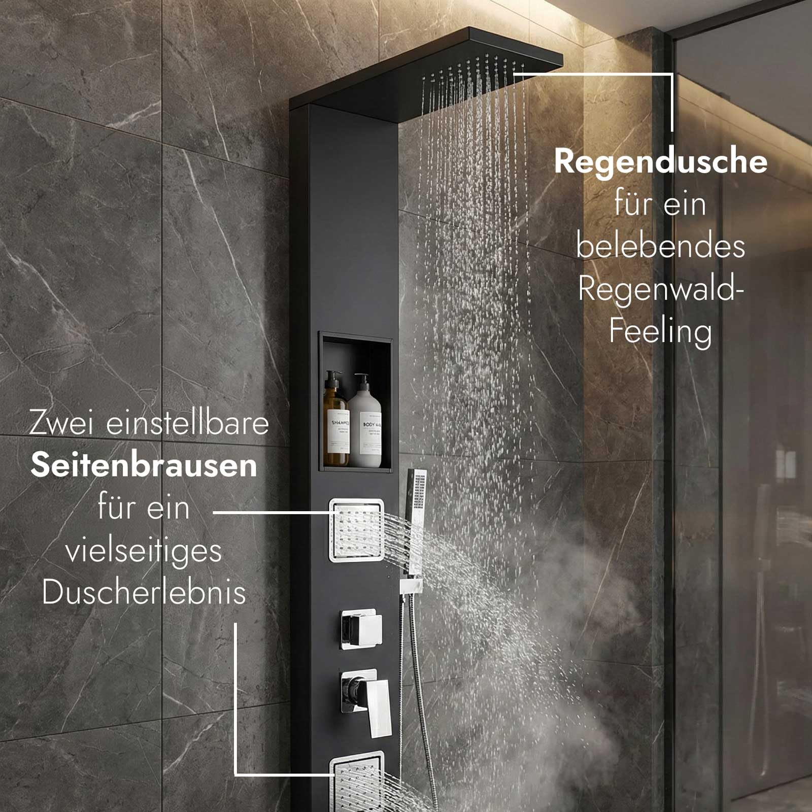 Duschpaneel Schwarz Matt mit Mischerventil inkl. integrierter Wandnische | Massagedusche paneel, Regendusche, Duschsystem mit Handbrause
