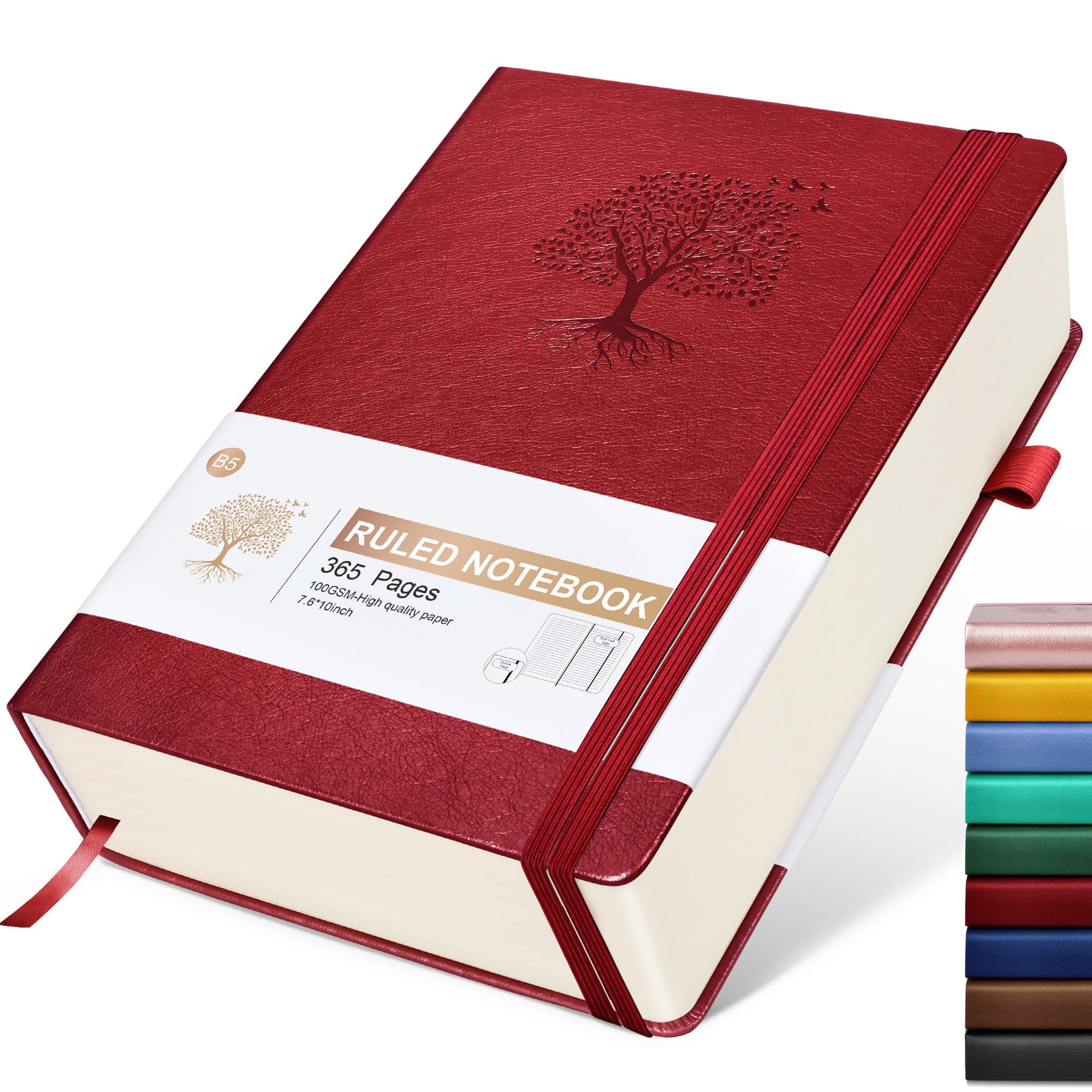 Lined Journal Notebook, 365 Pages B5 Large Journals for Writing College Ruled Notebook, Hardcover Leather Journal for Women Men, Daily Notebook for Work, Note Taking, 100Gsm Paper (7.6'' X 10'' Wine)