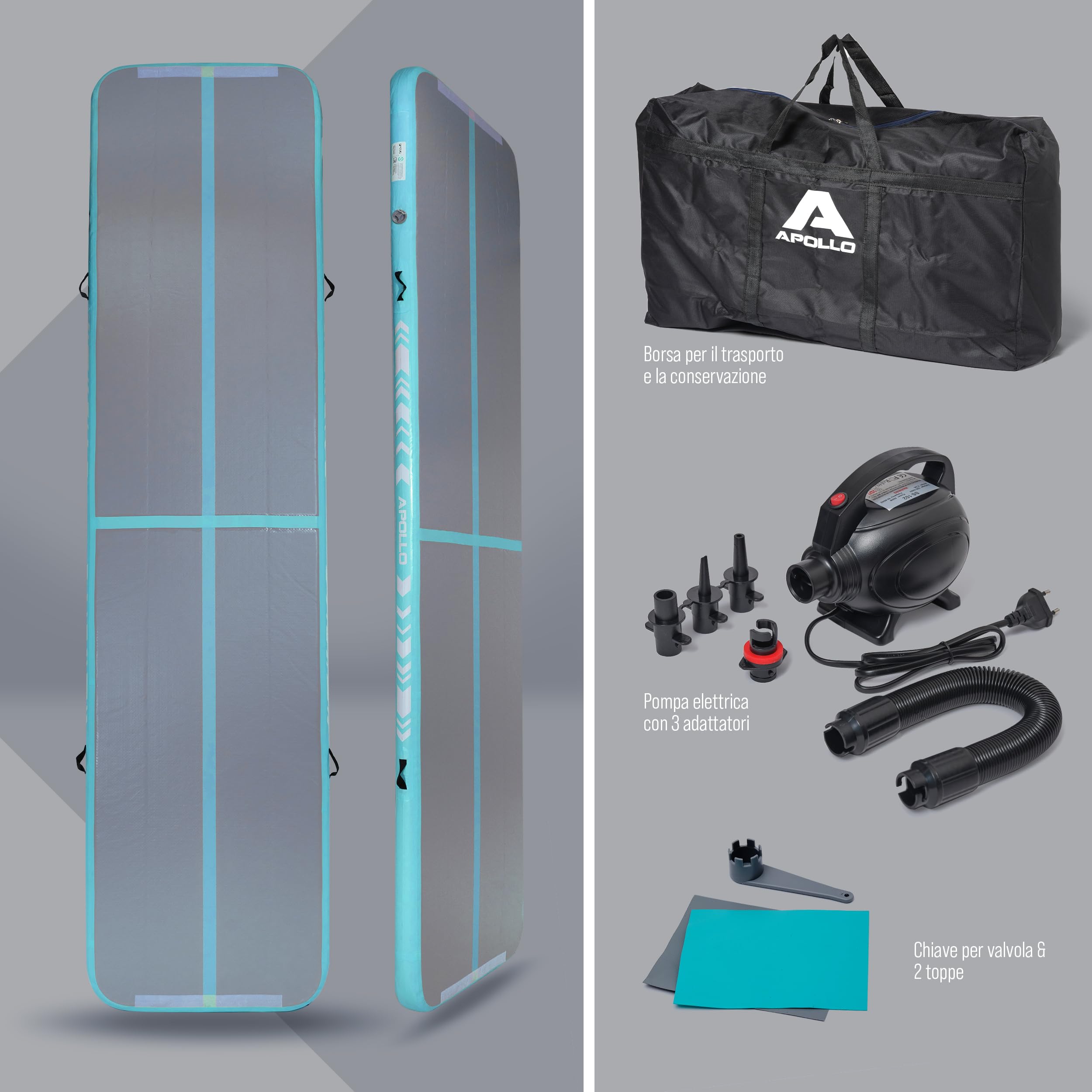 Apollo Air Mat Pro - Materasso ad aria per adulti, utilizzabile anche come materasso per ginnastica per bambini, disponibile nelle lunghezze di 3m e 4m, materasso gonfiabile per ginnastica da casa
