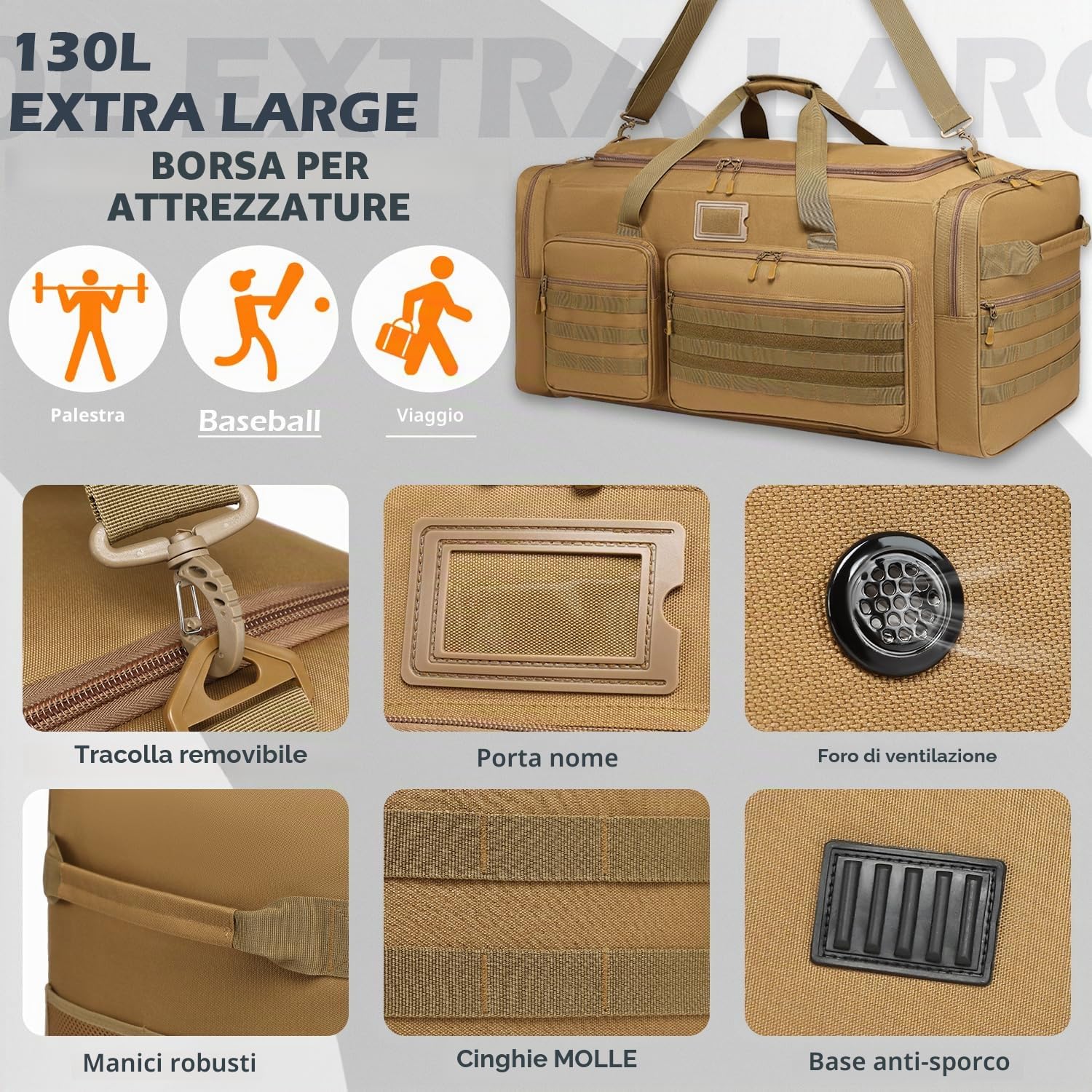 Borsa da Viaggio, 130L, Grande Borsa Sportiva, pieghevole, per Sauna, da Uomo e da Donna, per Sport, Weekender (Marrone)