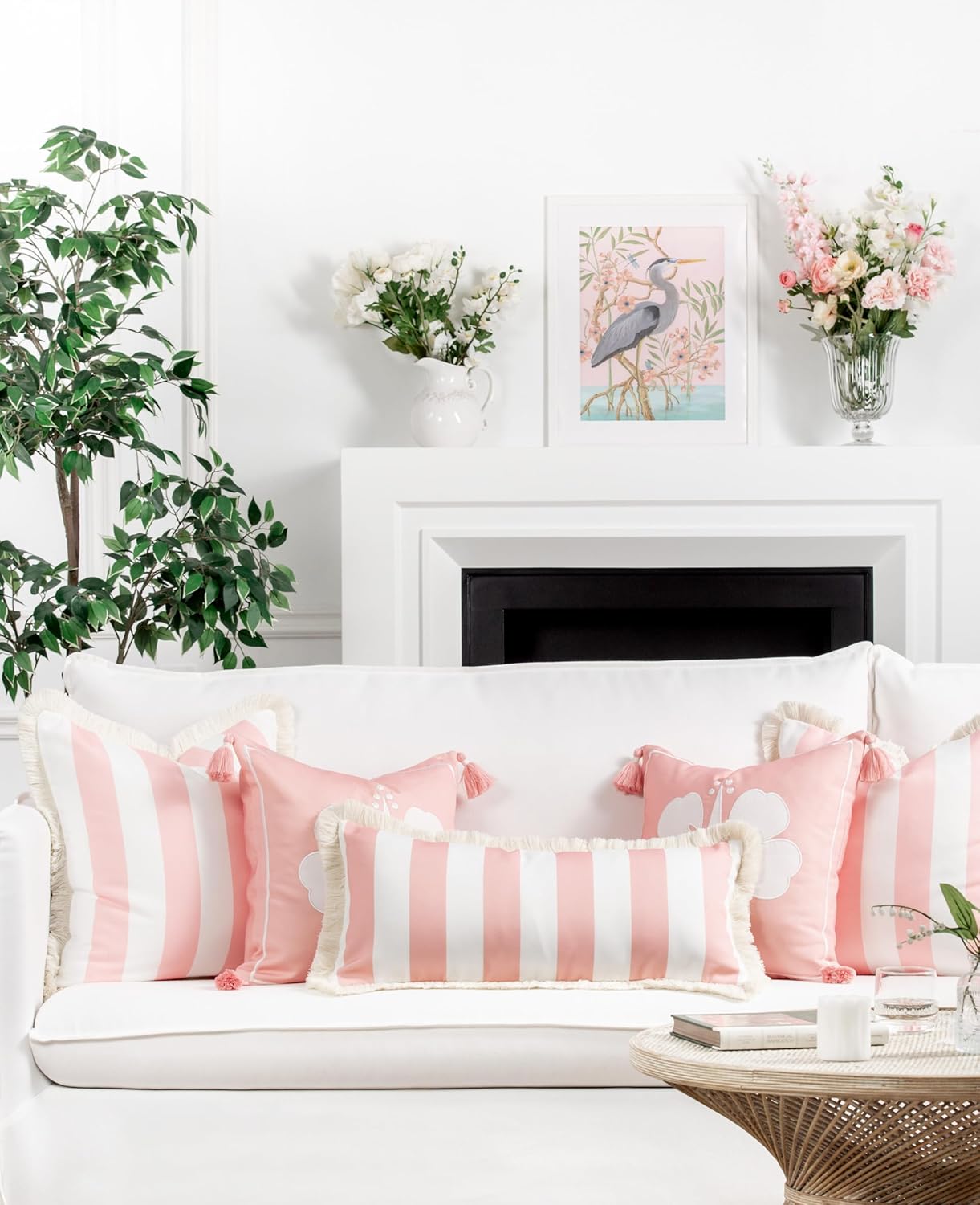 Hofdeco Premium Coastal Patio Indoor Outdoor Long Lumbar Pillow Cover Only, 12"x26" Water Repellent for Backyard, Couch, Blush Pink Stripes with Fringe