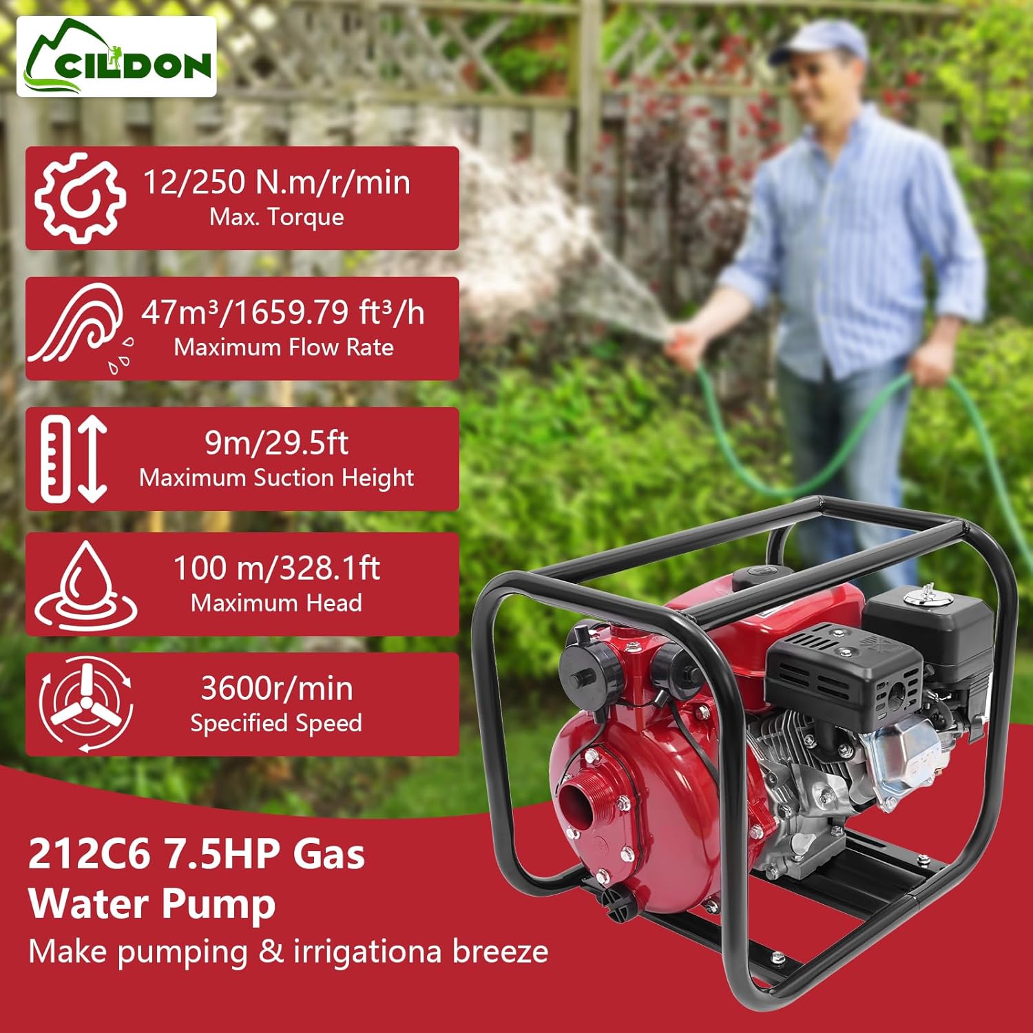 2 Inch Gas Powered Water Pump, 4-Stroke 7.5Hp Gasoline Engine Water Pump, 212CC Agricultural Water Irrigation Pump, Large High Pressure Water Pumpor, for Farmland Garden Irrigation
