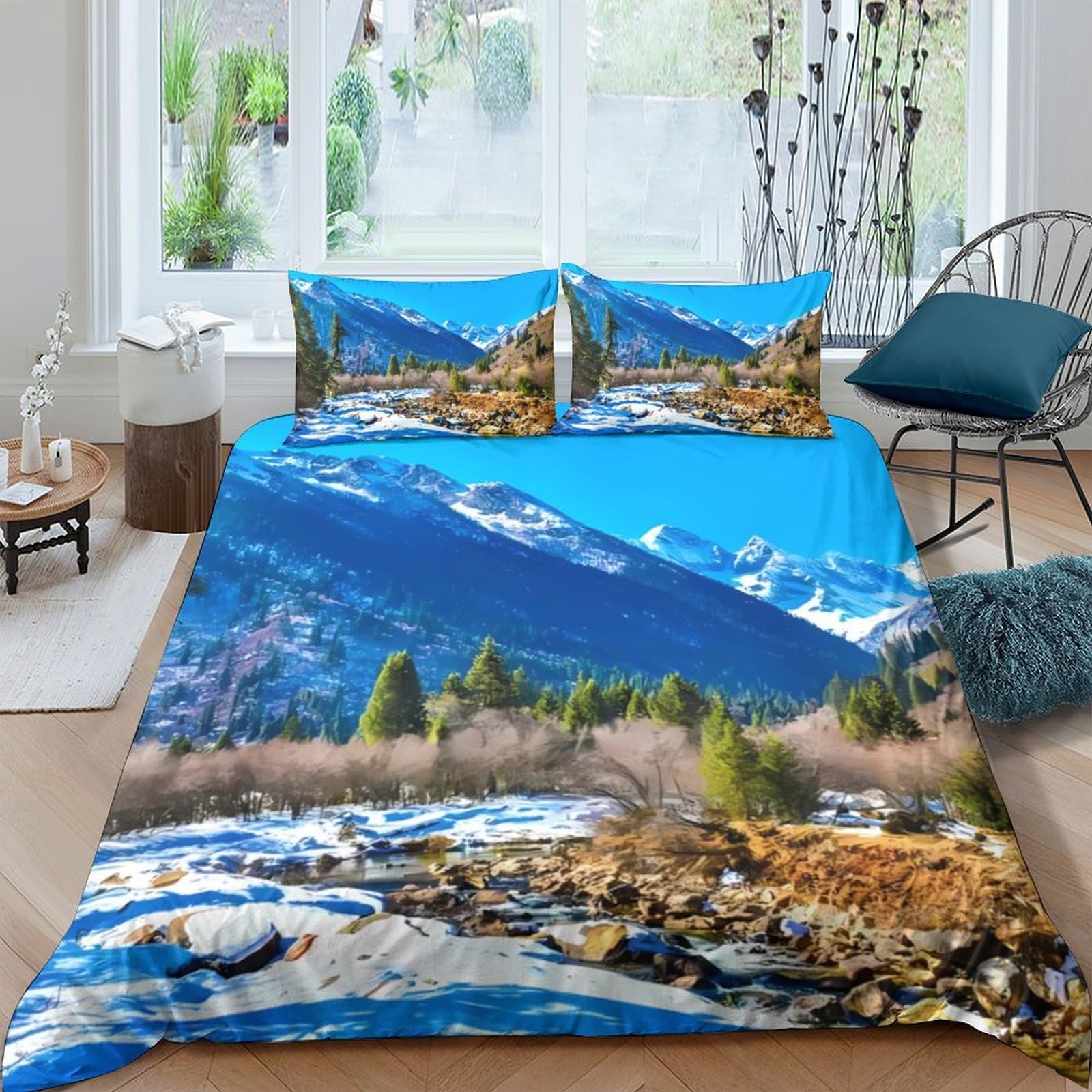GPLZQXKJNH 3D Printed Mountain Landscape Duvet Cover Microfiber Soft Breathable River Forest Bedding Set with 2 Pillowcases for Bedroom Decor Single（135x200cm）