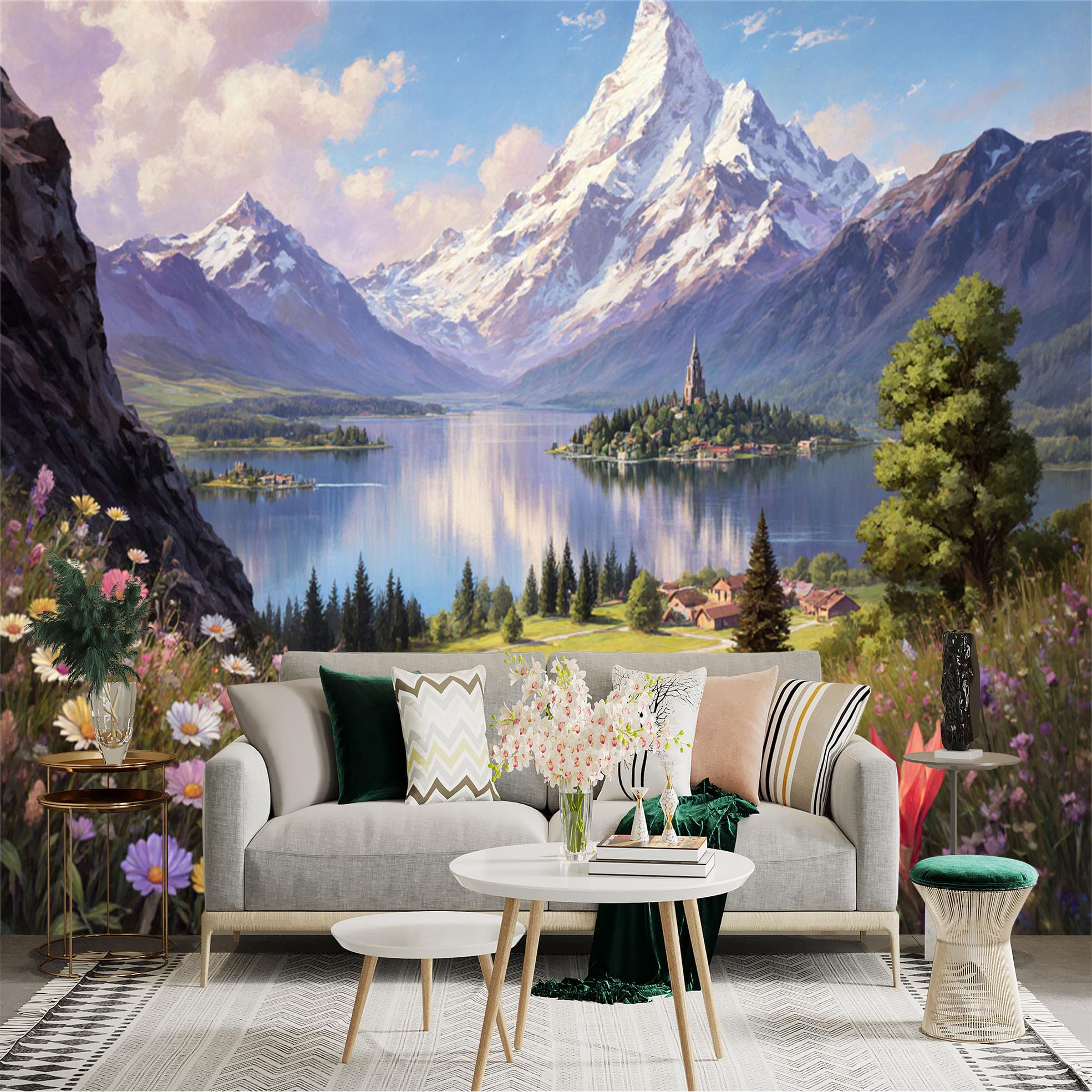 Lnzczhyre Xc260505124 Custom Size Wall Sticker Mural， Alpine Lake With Snowy Mountain Peak， Wildflower Meadow， Scenic Nature Landscape， For Wall Decoration， Peelandstick Wall Decals.