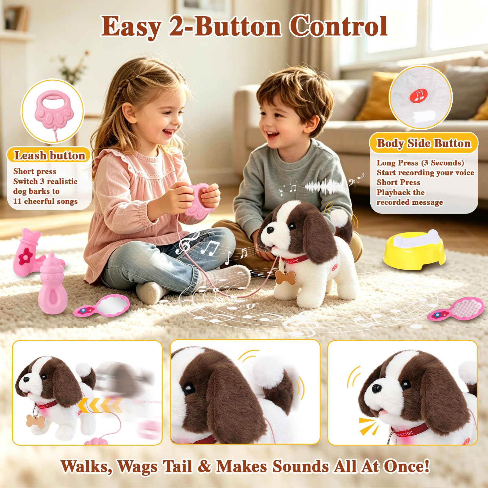 Juguete interactivo de peluche para cachorros, ladridos, grabación, con juego de aseo