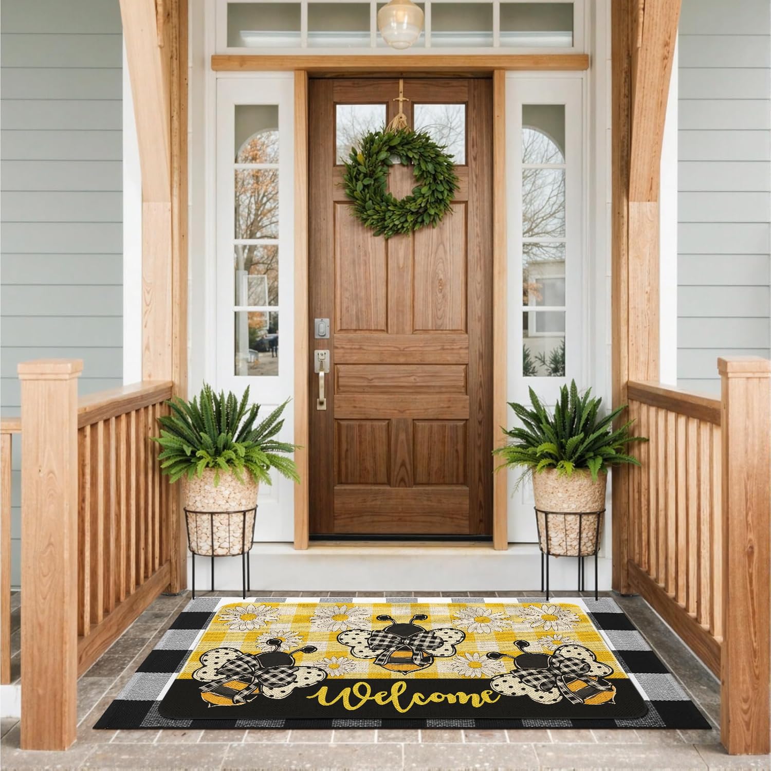 Spring Summer Welcome Doormat 30x17 Inch Floral Bee Door Mat for Indoor Outdoor Entrance Non-Slip Washable Floor Mats Spring Summer Home Decor Rugs