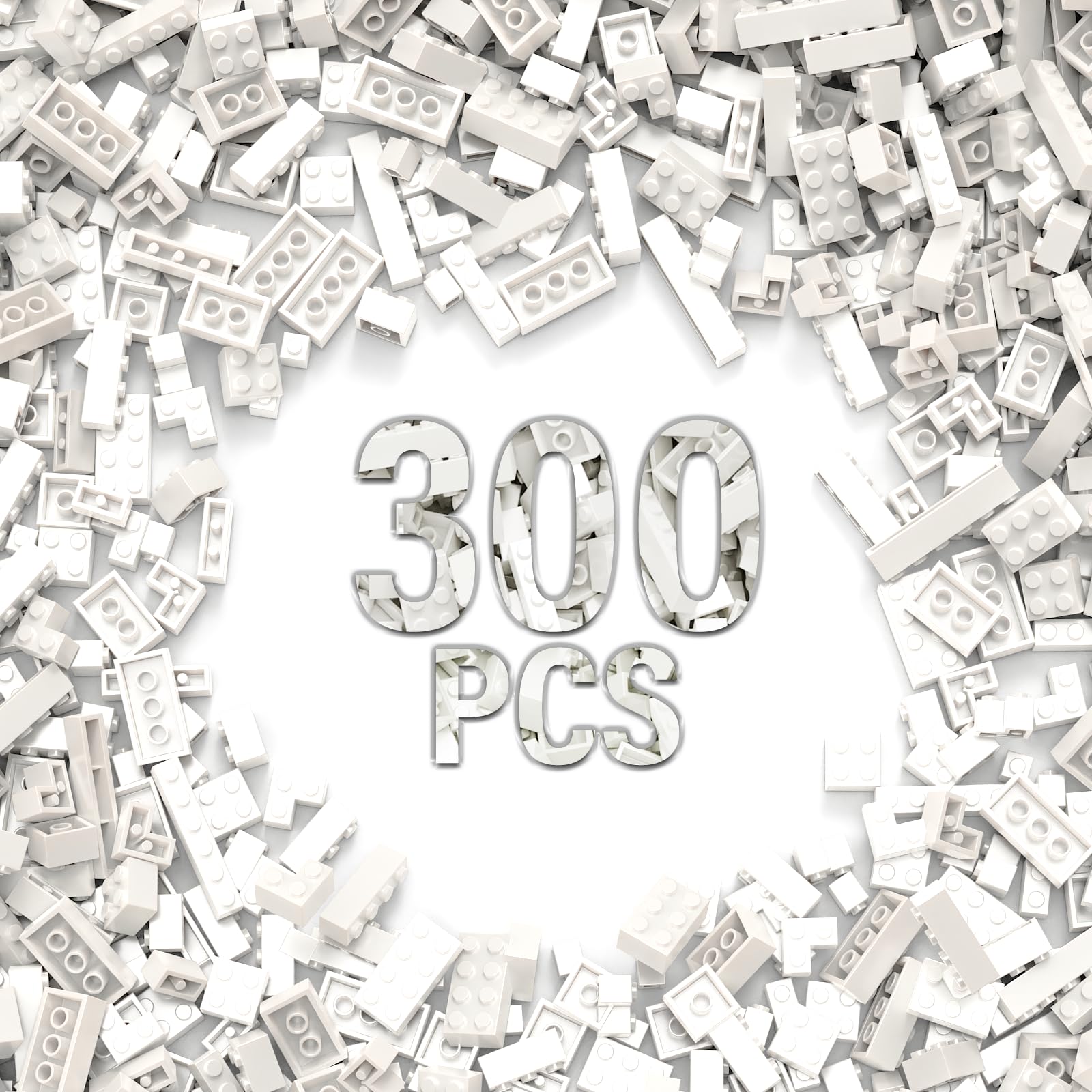 300 Piece Bulk Assortment Pack - White Bricks with 12 Sizes, Compatible with Lego Parts