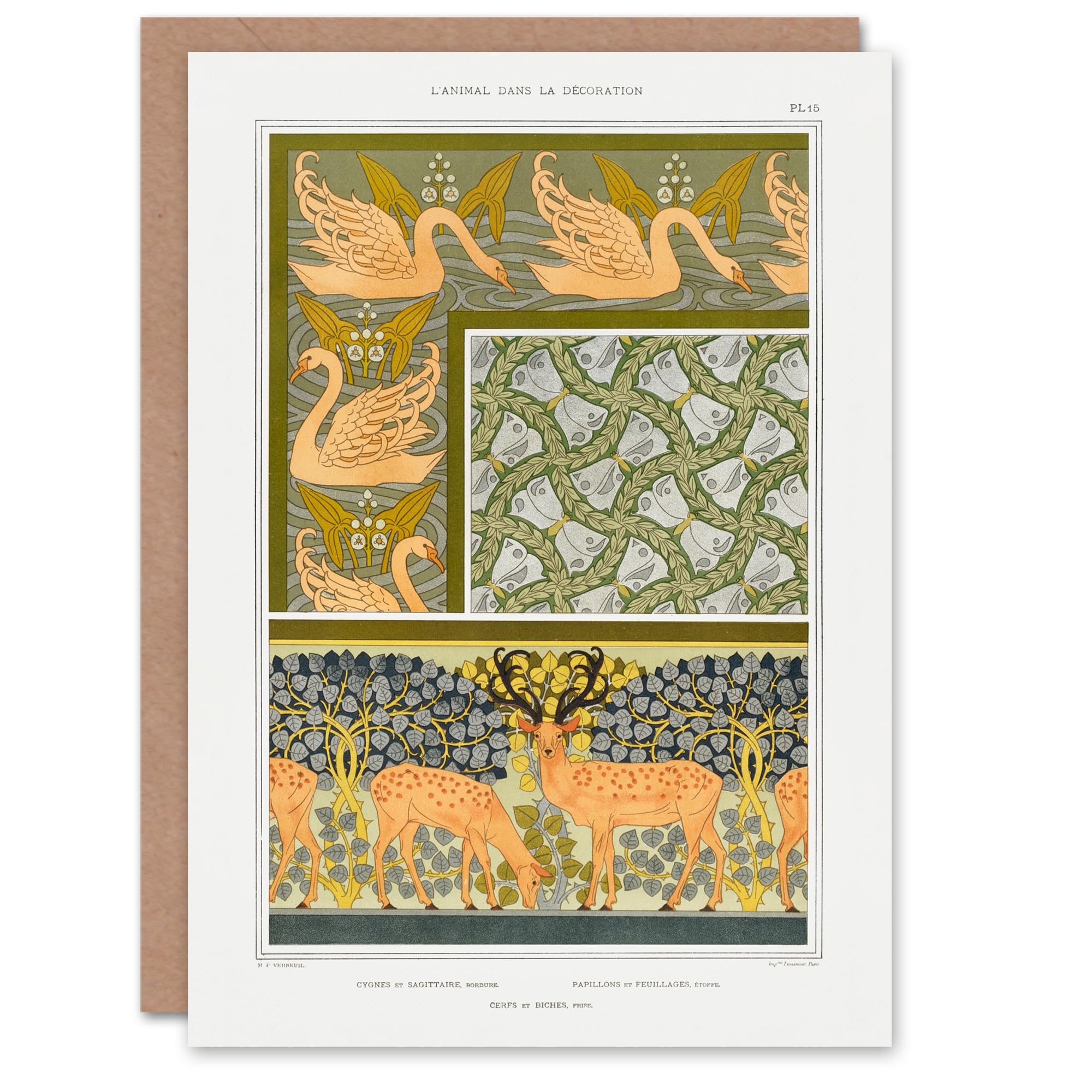 Artery8 Maurice Pillard Verneuil Art Card Swans Butterflies and Deer Patterns