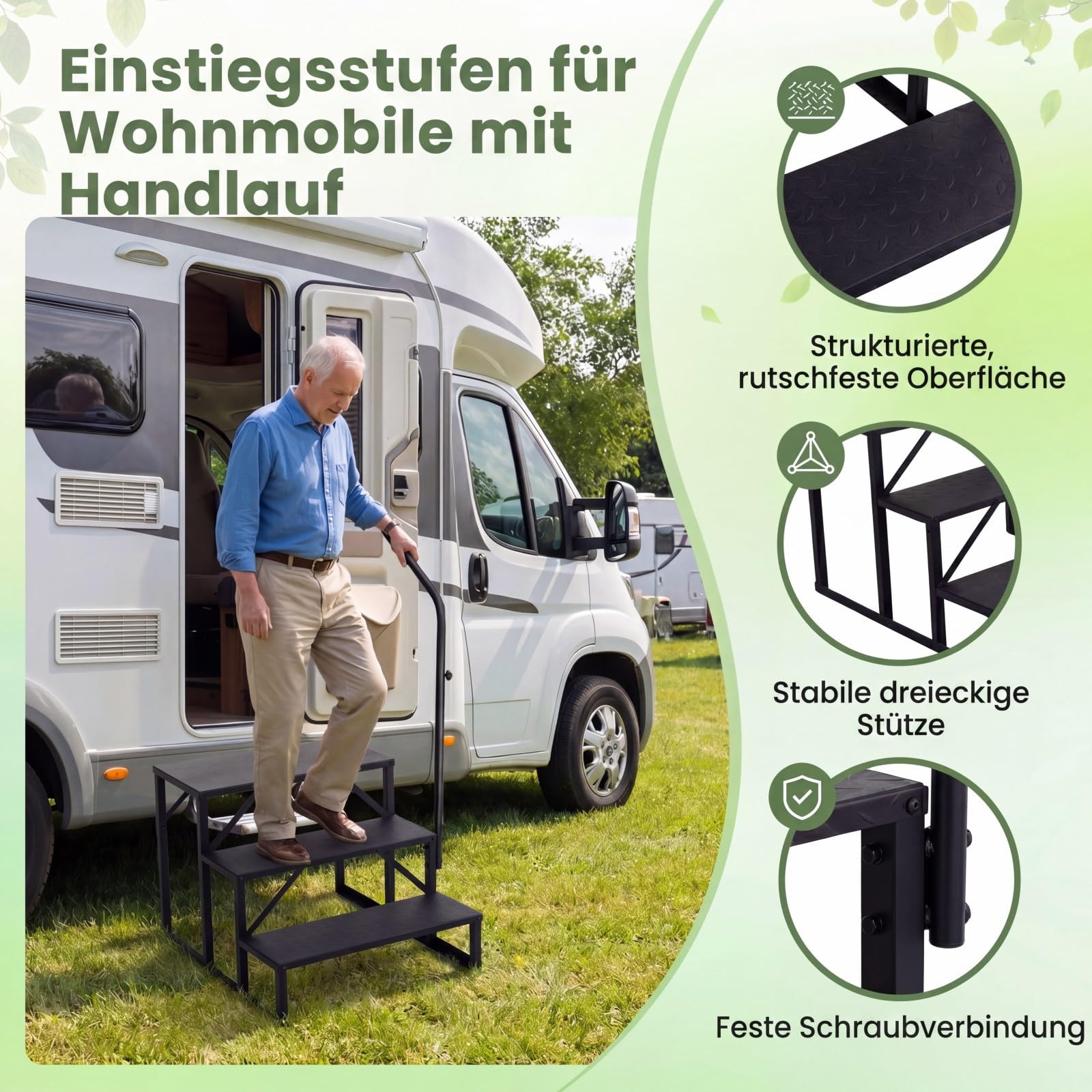 GYMAX 3-stufige Wohnmobil-Stufen, Wohnmobil-Treppe mit Handlauf & breite rutschfeste Plattform, tragbare Trittstufe aus Metall bis zu 300 kg belastbar, Outdoor Stufenleiter für Whirlpool & Veranda