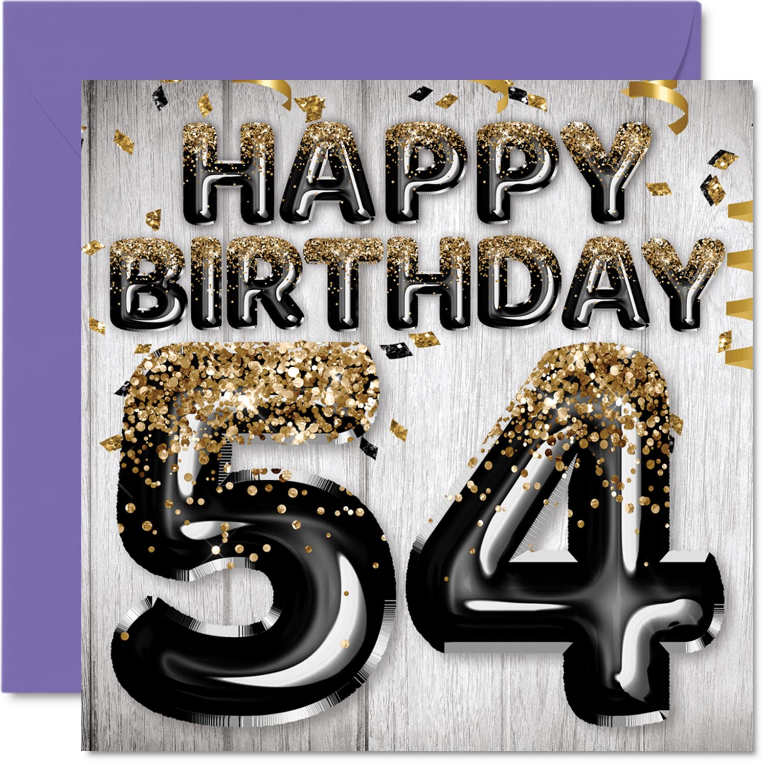 54th Birthday Card for Men, Black & Gold Glitter Balloons