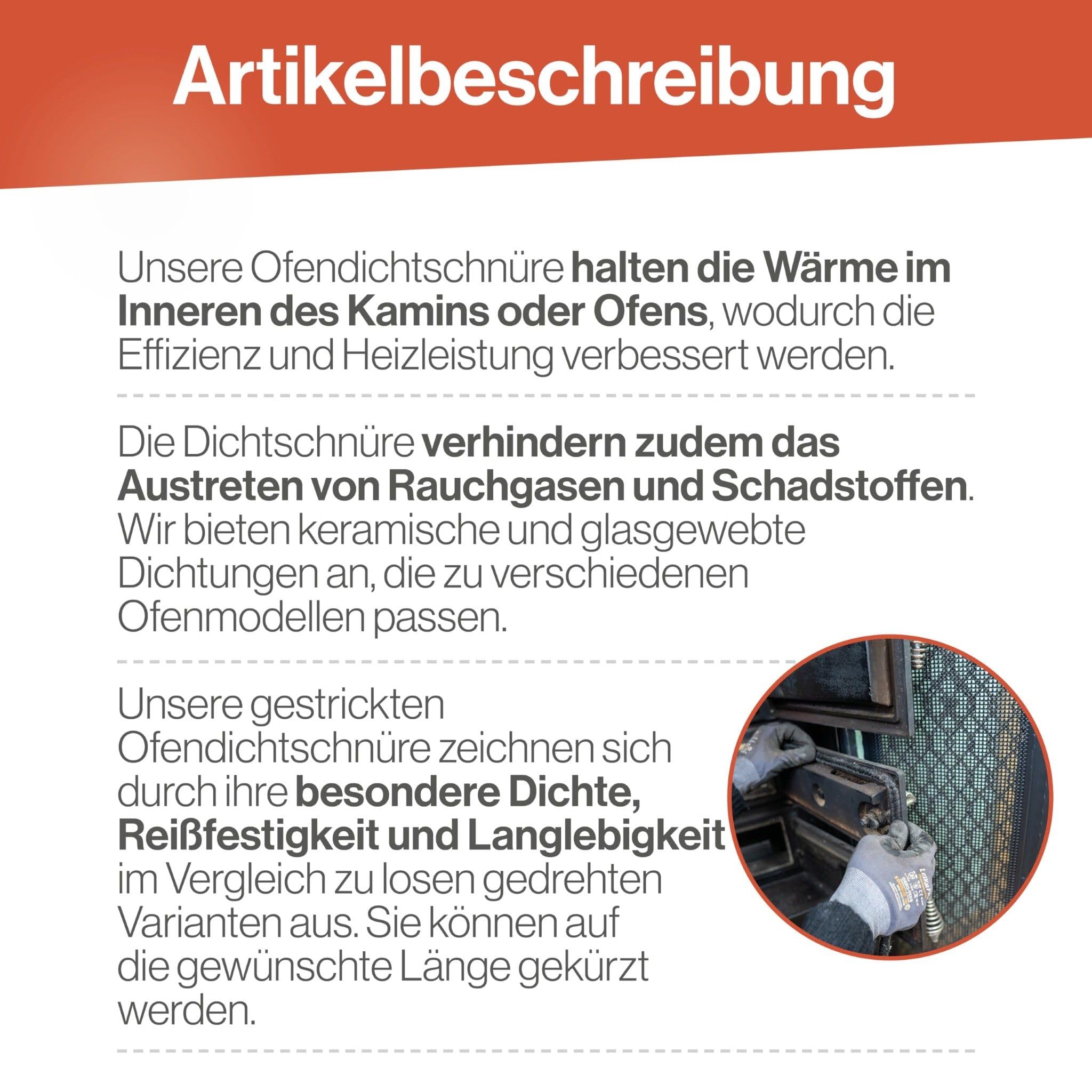 Ofendichtschnur Eckig 20x20 mm x 2 Meter, Ofen-Dichtungsband für Kaminofen, hitzebeständig bis 800 °C, Keramische-Faser, Abdichtung für Kamine & Öfen, reißfest