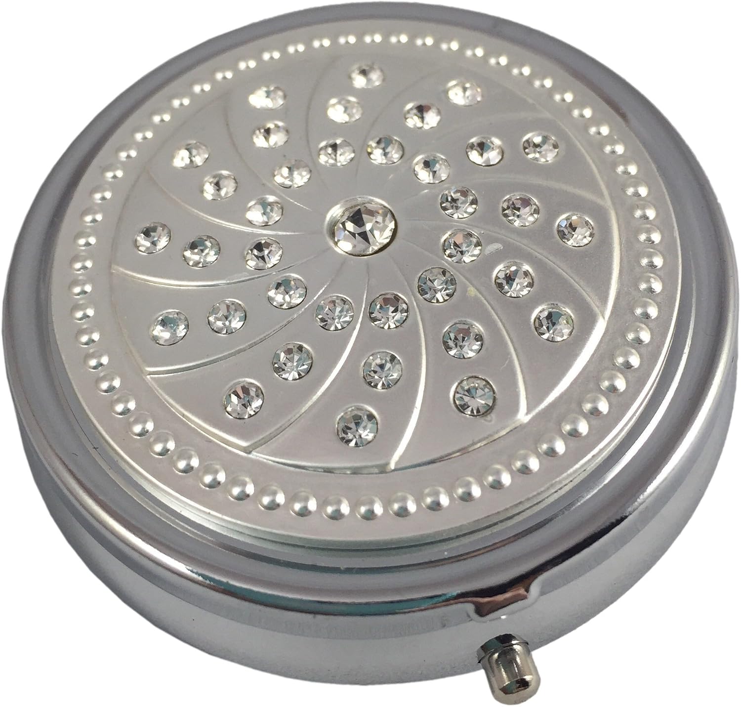 Crystal Gemstones Silver Pill Box – Round 3-Compartment Metal Pill Organizer, Compact 2-Inch Travel Pill Case for Purse or Pocket image 2