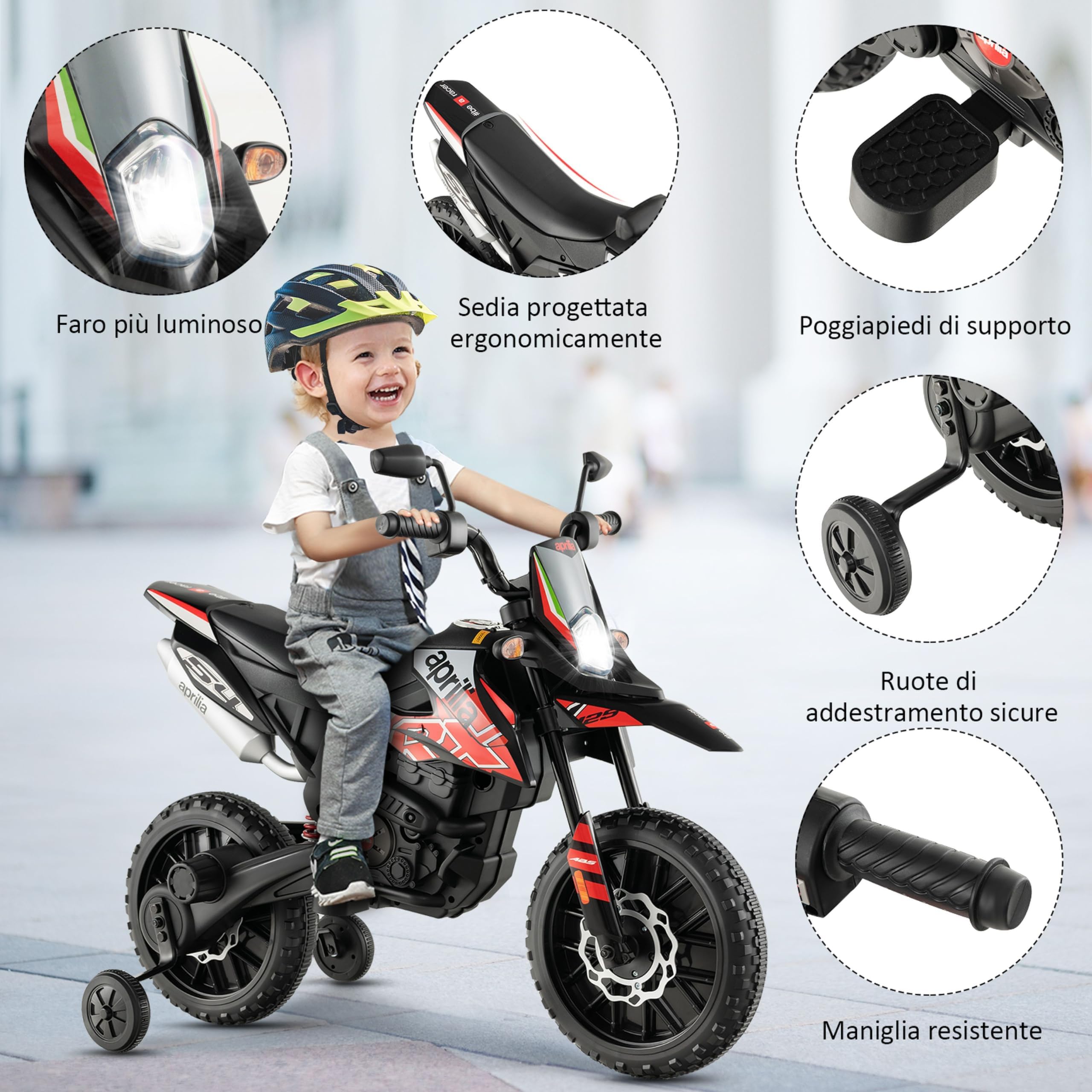 RELAX4LIFE Moto Elettrica Aprilia RX 12 V per Bambini, con Rotelle Ausiliarie, 5,5-6 km/h, Luci,Musica,Fari, Carico 30 KG, per 3-8 Anni