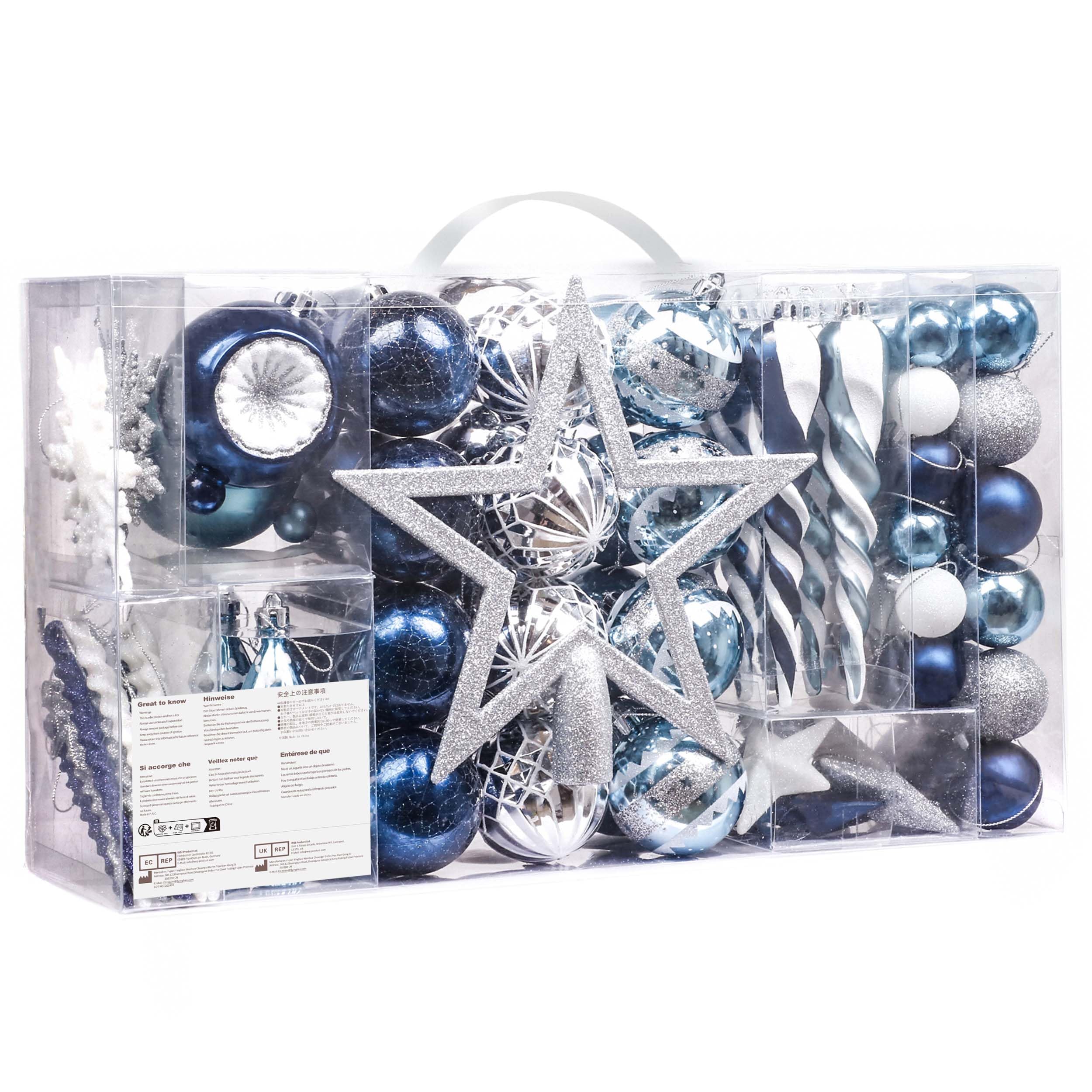 Valery Madelyn Weihnachtskugeln 100 TLG 3-21cm Kunststoff Christbaumkugeln Weihnachtsdeko mit Baumspitze und passende Aufhänger Weihnachtsbaumschmuck Winterwünsches Thema Silber Blau