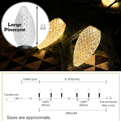 Miniatura 2 de AWQ Guirnalda de 20 luces LED de 41 pies de Navidad con forma de piña, luces parpadeantes de hadas enchufables con 11 modos, temporizador y función