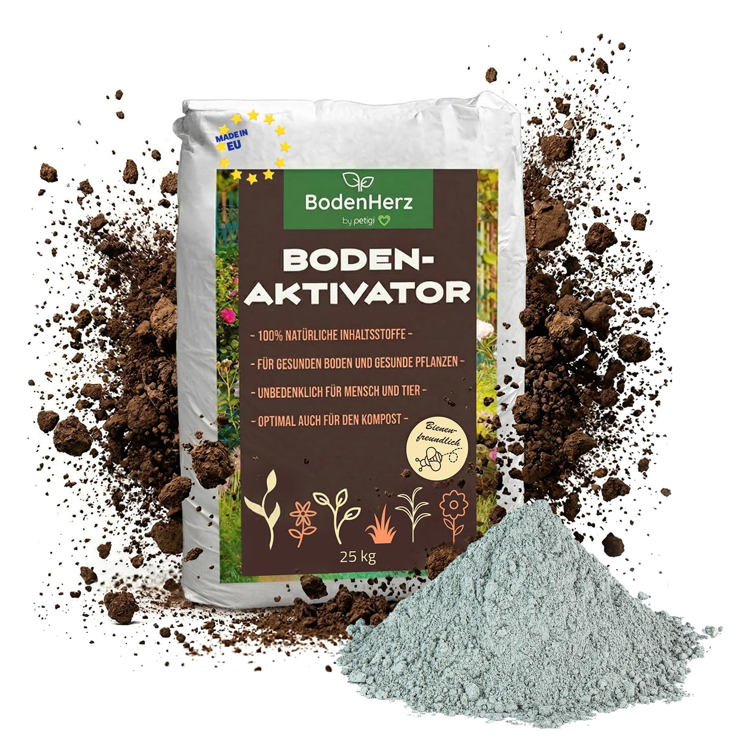 BodenHerz Bodenaktivator 25 kg, mit Mineralien 100% Natürlich mit Langzeitwirkung zur Bodenverbesserung Bodengesundheit für Beet und Rasen petigi