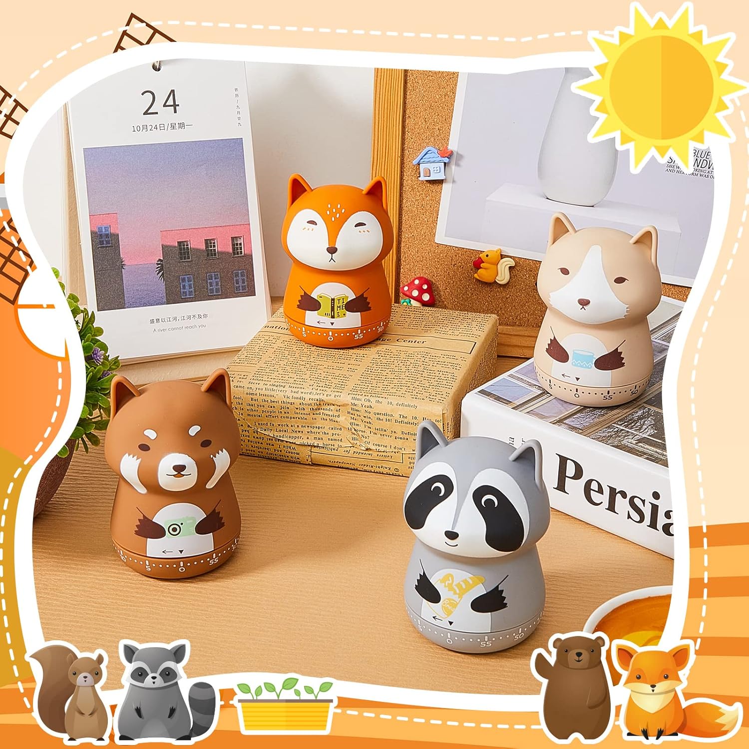 Amylove 4 Pieces Cute Kitchen Timer Animal Mechanical Manual Fox Raccoon Bear Wolf 60 Minutes Loud Alarm Egg Windup Timer for Adults Christmas Home Cooking Baking Fitness Beauty