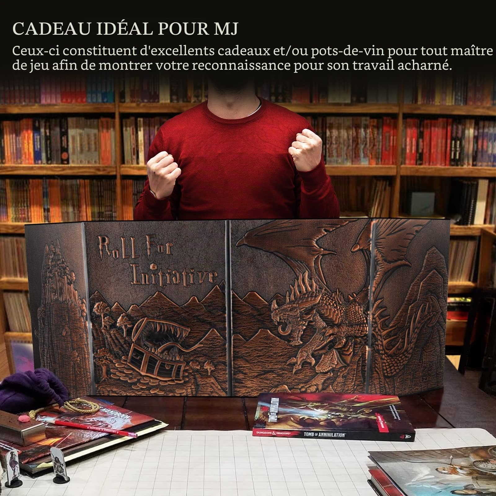DND Dungeon Master Paravent en Similicuir gaufré Dragon & Mimic, Quatre Panneaux avec Poches, écran DM pour Donjons et Dragon, Pathfinder, D&D