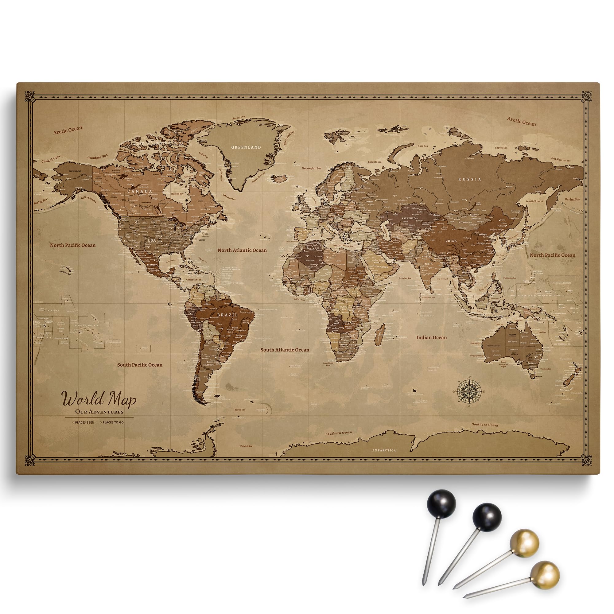 Personalized Push Pin World Map on Cotton Canvas, Travel Tracker with 100 Pins, Custom Wall Decor to Mark Travels, Ready to Hang (Design 5, 90 x 60 cm)