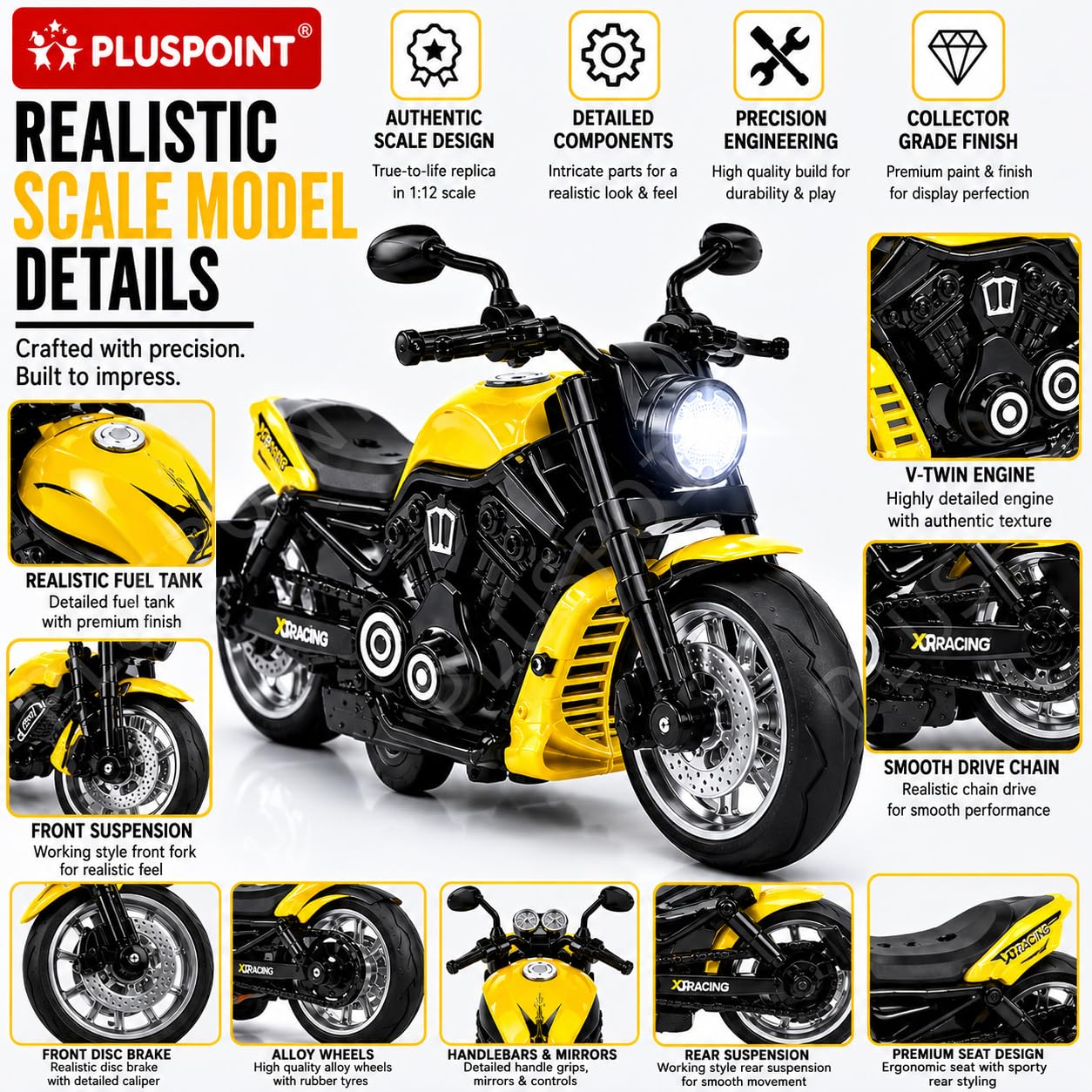 PLUSPOINT Diecast Motorcycle Toy Bike Model | Alloy Metal Superbike Simulation Vehicle with Realistic Details | Collectible Motorbike for Kids, Adults & Car Dashboard Display 2