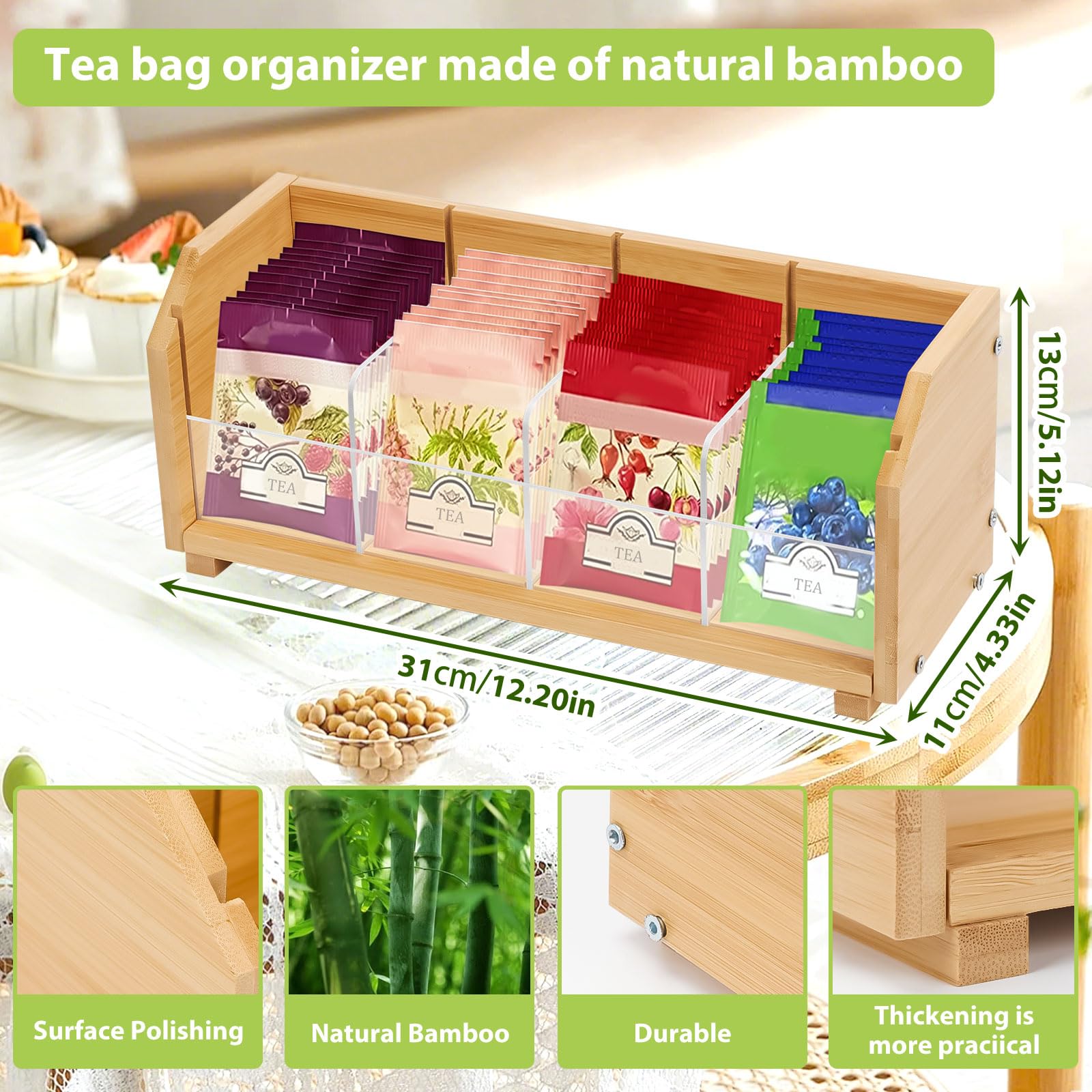 Tea Bag Organizer, Stackable Bamboo Tea Box Organizer Storage Box, Wooden Tea Holder with 4 Compartments Natural Wood & Acrylic for Countertop Kitchen Cabinet Pantry