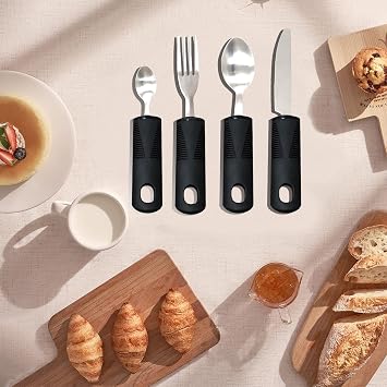 4Pcs Large Wide Handled Easy Grip Cutlery Set, Cutlery for Arthritic Hands, Anti-Shake Spoon & Fork,Disability Flawless Dining Aid(Black-Straight Handle)