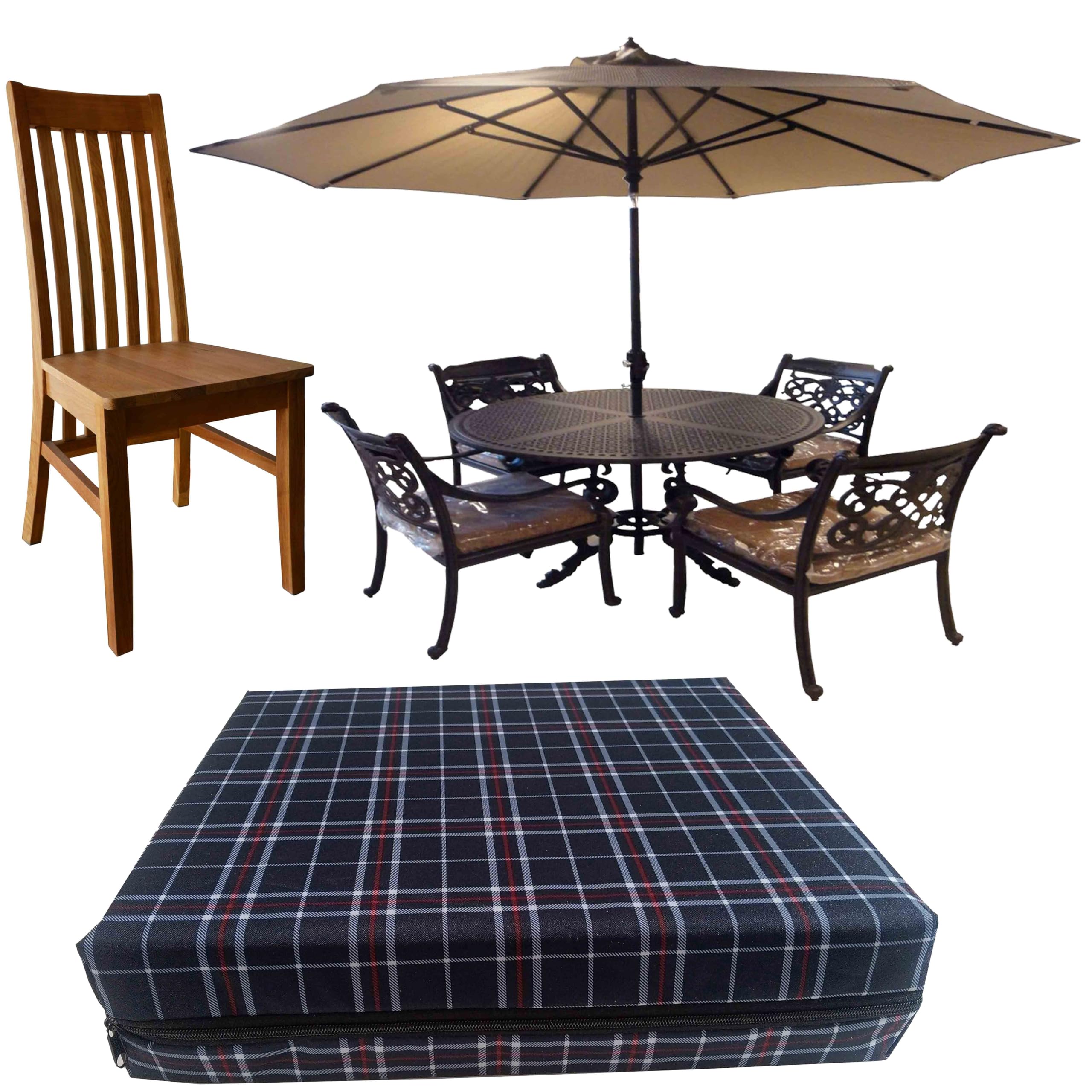 GRIZZLY FOAM Outdoor Indoor Seat Cushion Pads for Rattan Furniture Waterproof Dining Chairs Wheelchair Removeable Zipped Cover Ask Any Custom Size (Navy Chek, 22x22x4inch 55x55x10cm)