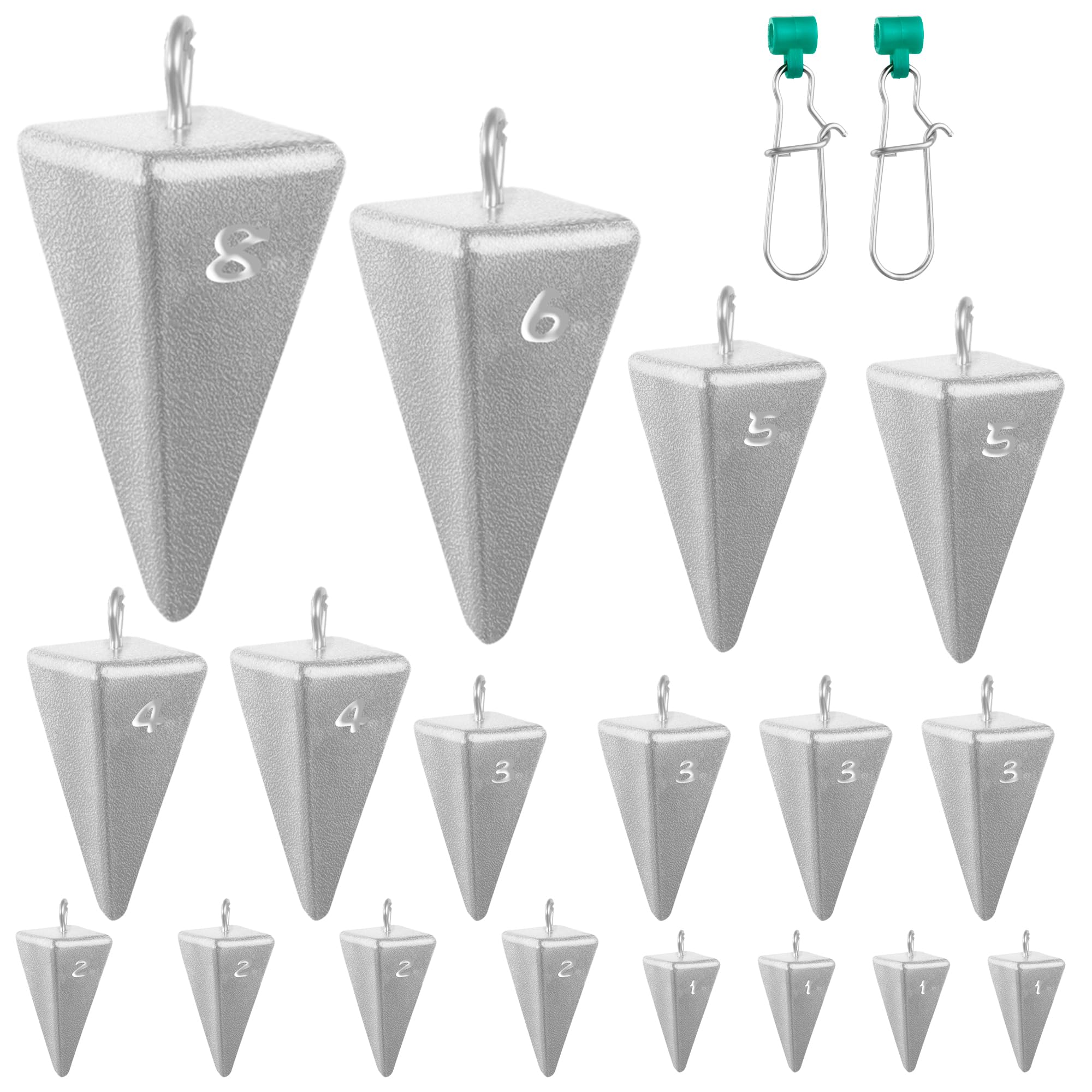Juego surtido de pesas de pesca de pirámide, 18 plomos piramidales de plomo de 1 onza, 2 onzas, 85 g, 4 onzas, 5 onzas, 6 onzas, 8 onzas con 2 toboganes, pesas de pesca de surf para aparejos de pesca