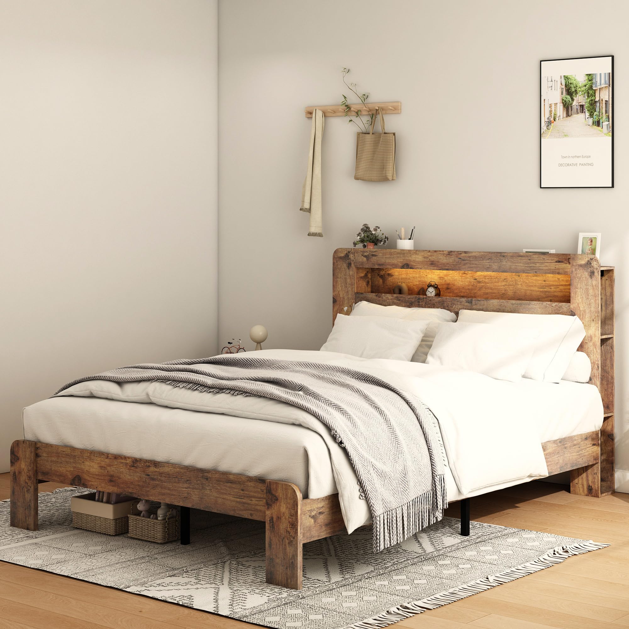 Bellemave Rustic Vintage Queen Size Bed Frame with Bookshelves,Storage Headboard and Charging Station,Wooden Platform Bed Frame Queen Size with LED Lights and Wood Slats,Easy Assembly,Dark Brown