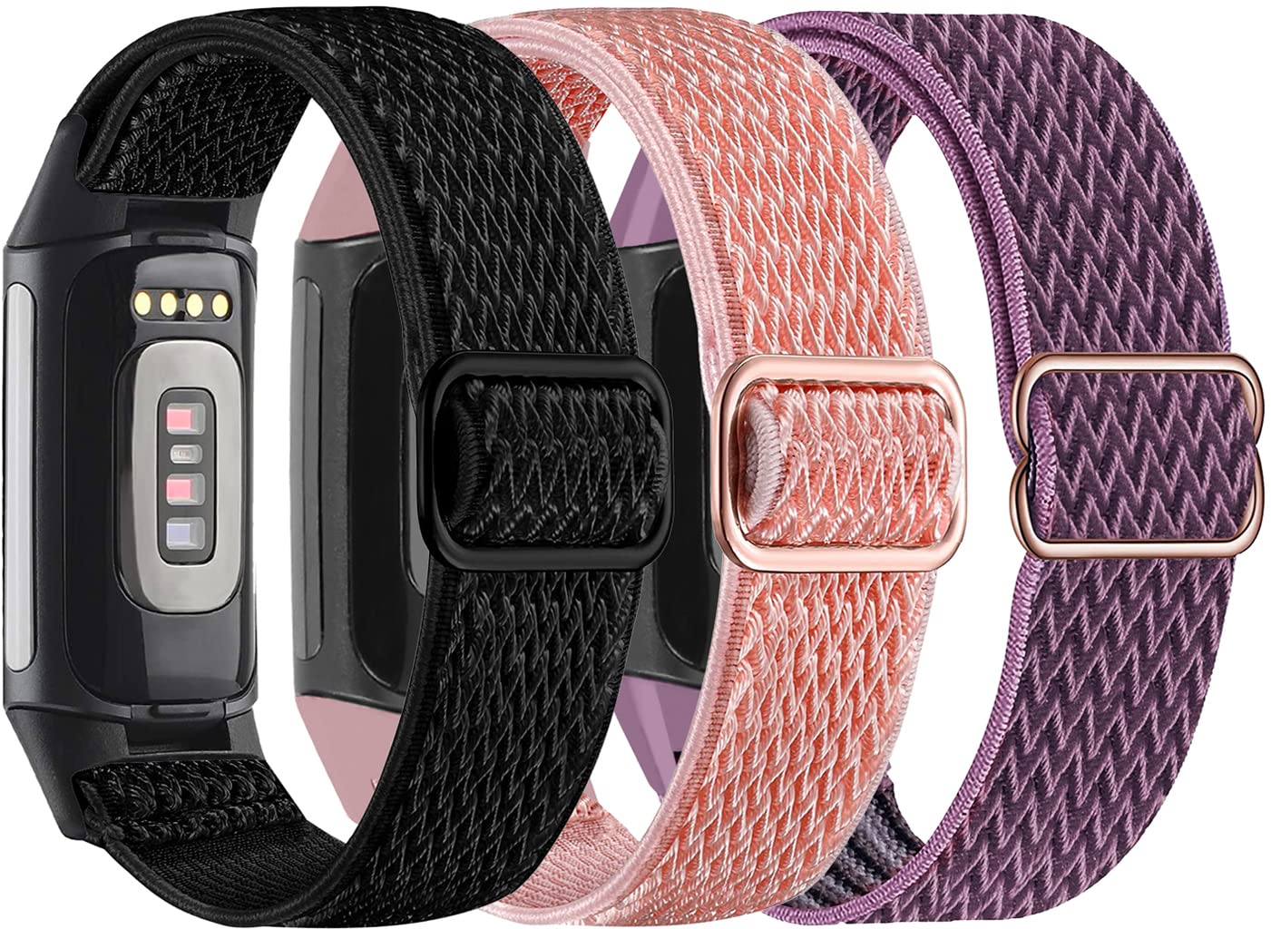 3-Pack Elastic Nylon & Slim Silicone Bands Compatible with Fitbit Charge 5, Breathable Adjustable Replacement Stretchy Nylon Loop & Soft Silicone Wristband Sport Strap for Women Men