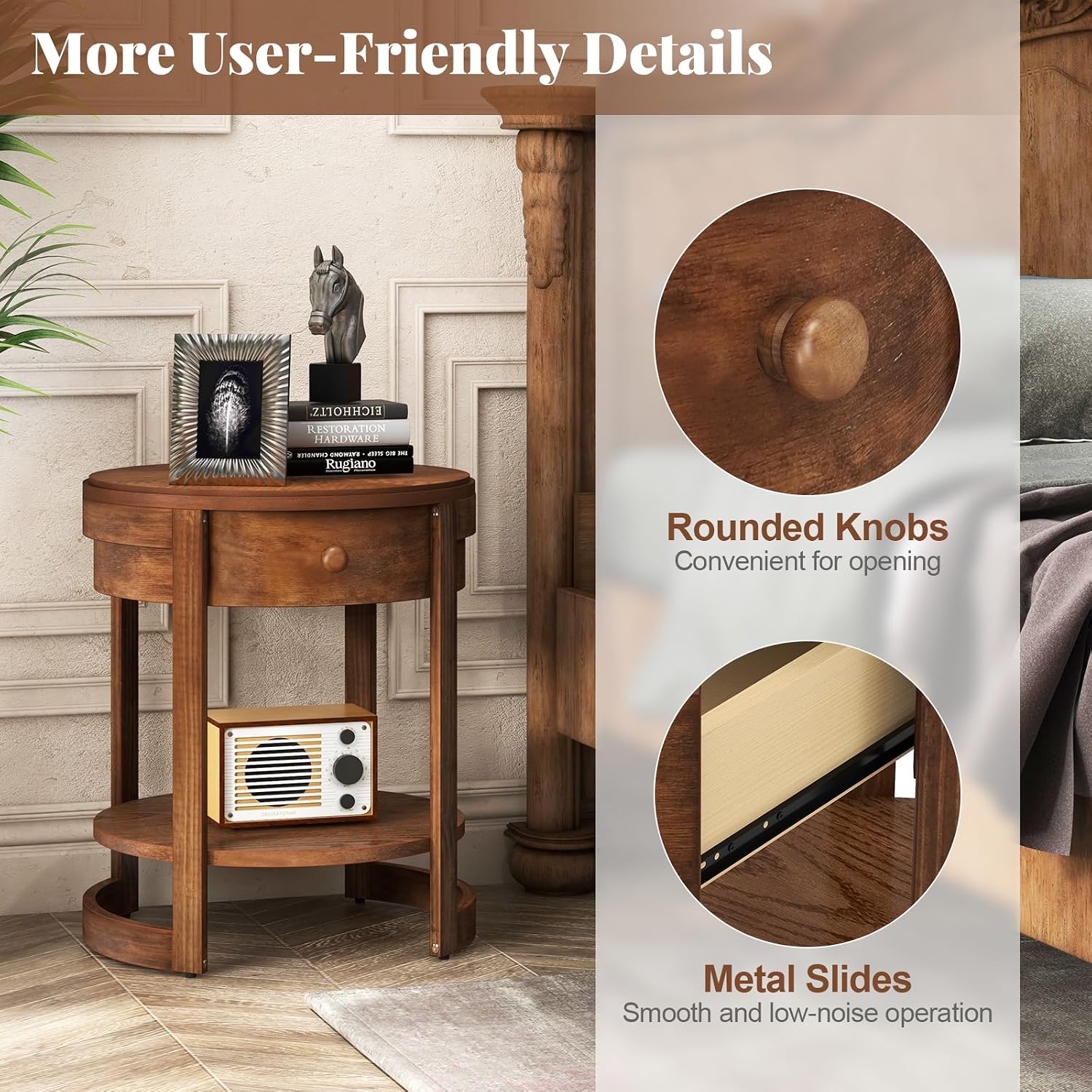 GOFLAME Round Side Table with Drawer Set of 2, Retro 2-Tier Nightstand with Shelf & Wood Grains, Vintage Wooden Accent Table, Mid-Century Modern End Tables for Living Room, Bedroom, Walnut
