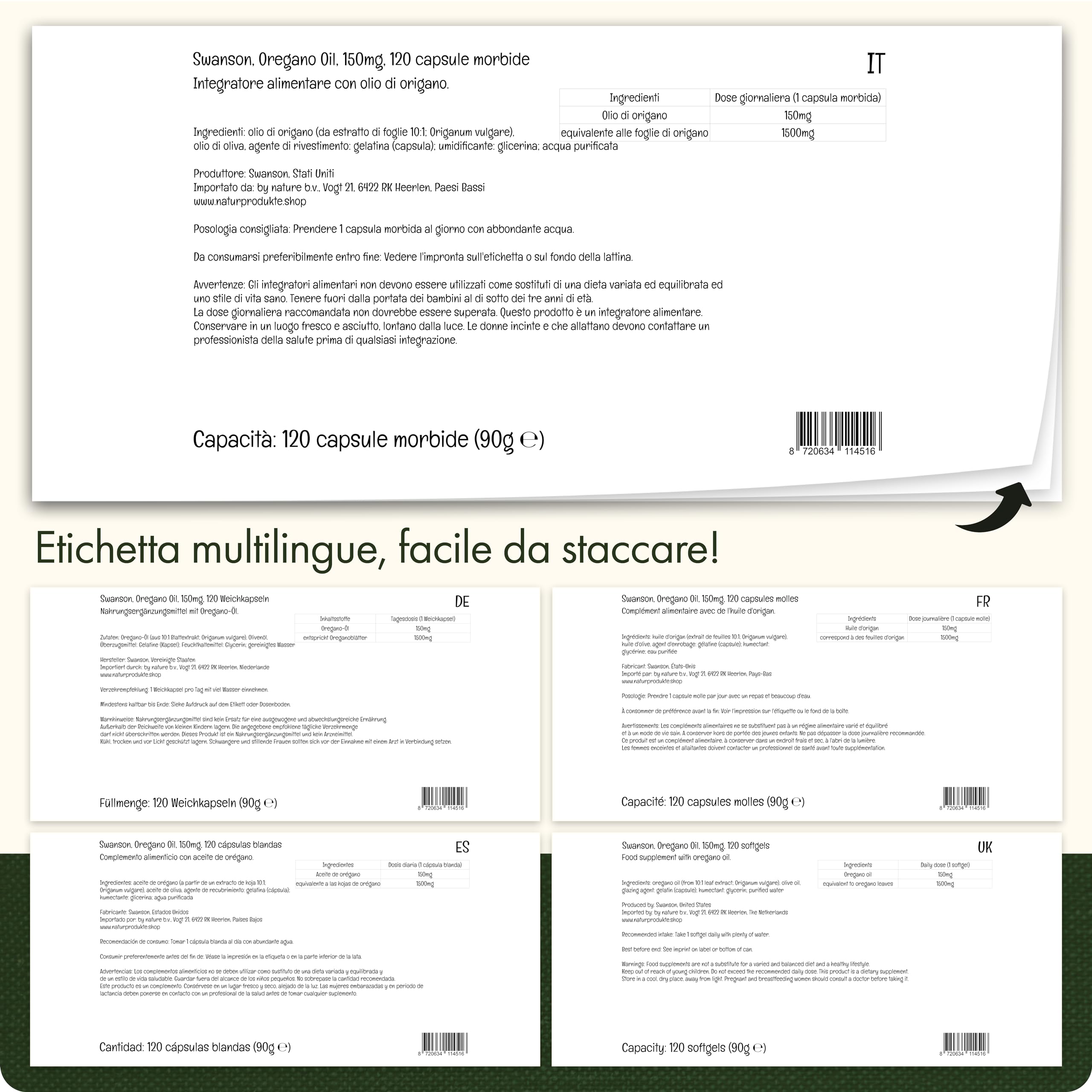 Swanson Oregano Oil (olio di origano), Origanum vulgare, 150mg, 120 capsule morbide, altamente dosato, Testato in Laboratorio, Senza Soia, Senza Glutine, Non OGM