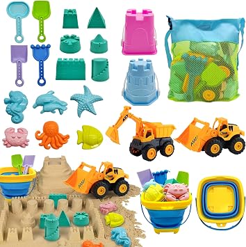 Qingning Kit de Plage Complet 22 Pièces avec Seau Pliable en Silicone et Sac Filet
