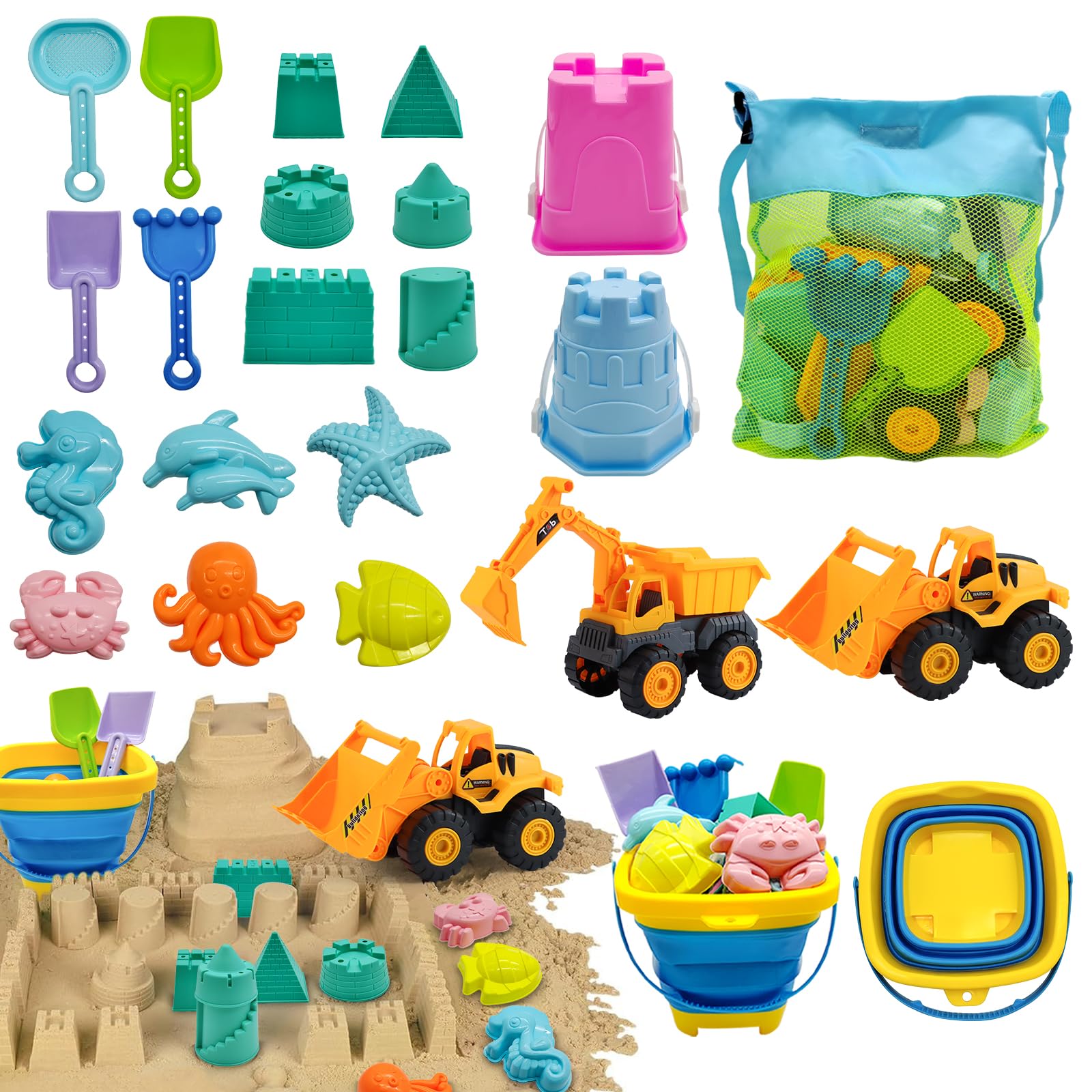Qingning Juguetes Playa Juguetes de Arena para Niños- 22 Piezas, Juguetes para la Arena con Cubo Plegable, Excavadora, Bulldozer, Pala y Moldes, Bolsa de Malla, Kit de Juegos de Playa al Aire Libre