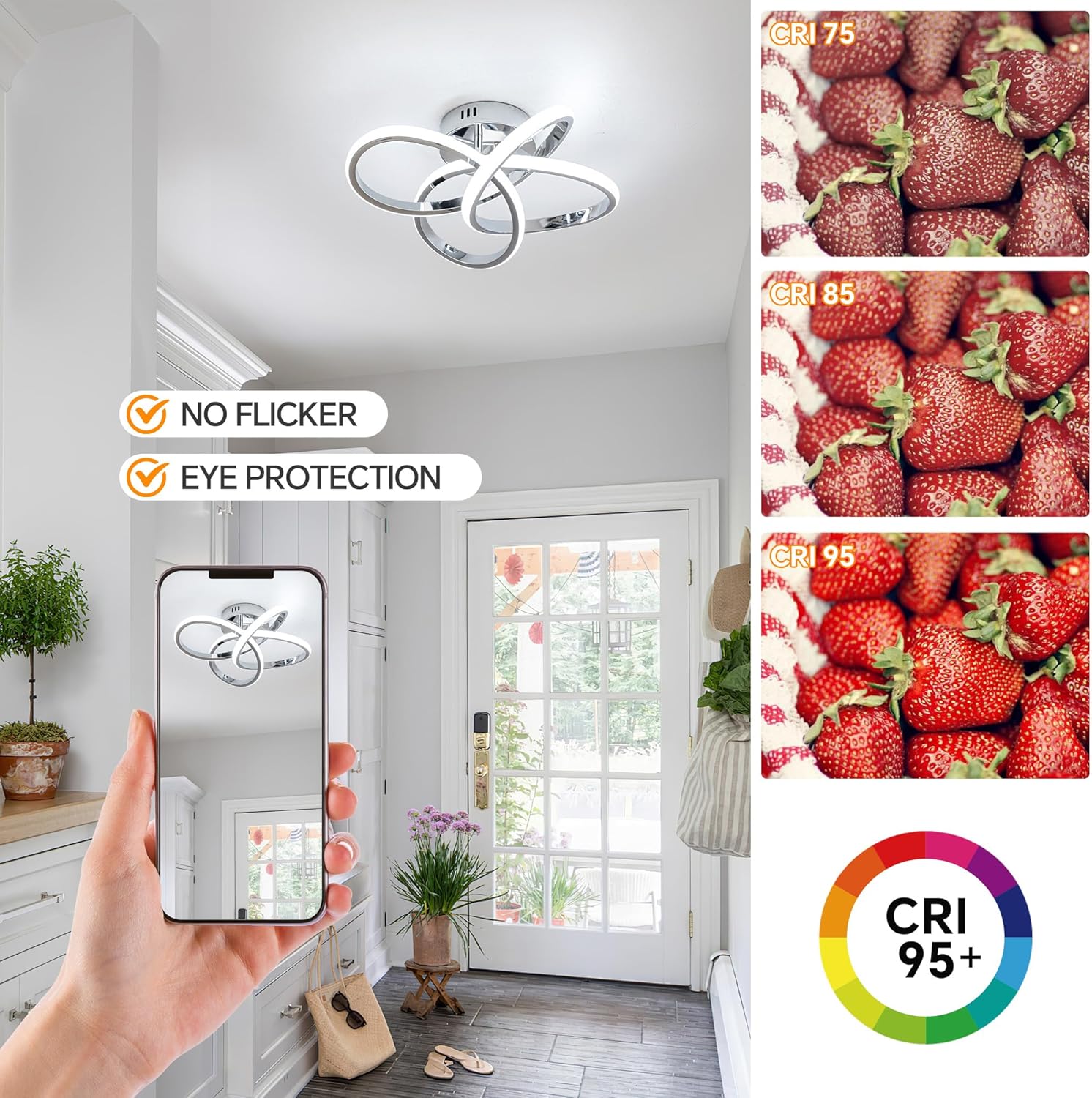 Modern LED Ceiling Light with Remote Control, Stepless Dimming, 3000-6000K Selectable, 36W, Dimmable LED Chandelier for Bedroom, Bathroom, Entryway, Hallway, Chrome Finish