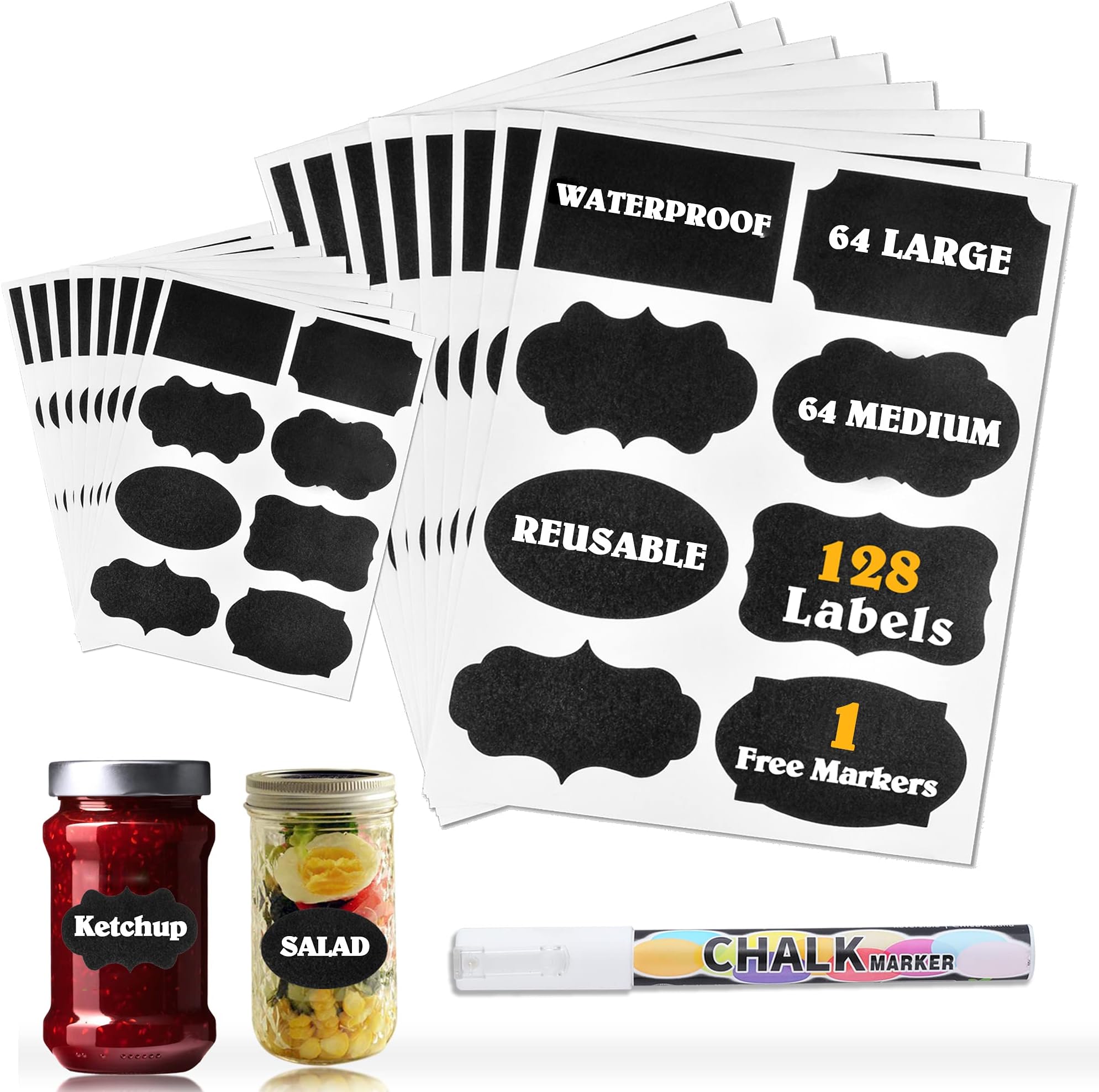 Waterproof Chalkboard Labels Stickers 128 Pack, Erasable & Removable Stickers with Free Chalk Liquid Markers, Reusable Personalized Stickers for Storage Bins Mason Jars,Party,Bottle,Pantry,Office,Food