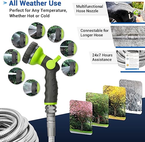 Miniatura 6 de Manguera de jardín de metal, manguera de agua de acero inoxidable resistente de 75 pies con boquilla de pulverización de 8 modos, accesorios de 34