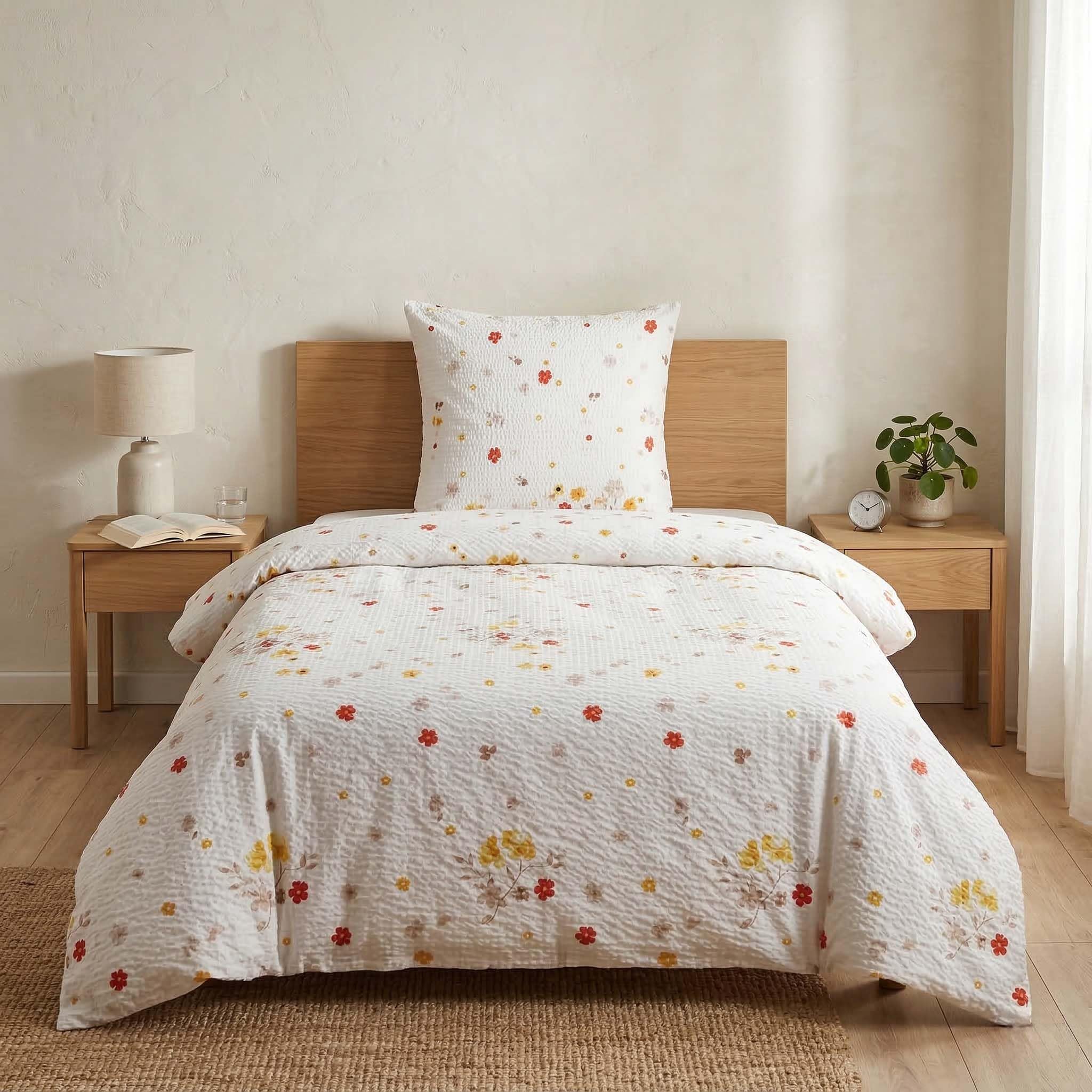 Seersucker Bettwäsche 135x200 cm Weiß Blumenmuster – Bettwäsche-Set aus 100% Baumwolle – Atmungsaktiv & Trocknergeeignet