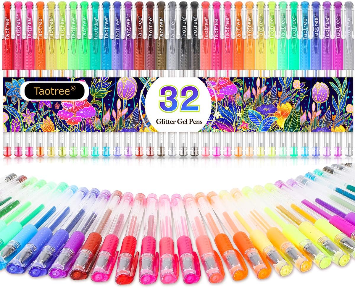 Taotree Glitter Gel Pens, 32 Color Neon Glitter Pens Fine Tip Art Markers Set 40% More Ink Colored Gel Pens for Coloring Book, Drawing, Doodling, Scrapbook, Journaling, Sparkle Pen Easter Gifts kids