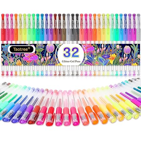 Glitter Gel Pens, 32-Color Neon Glitter Pens Fine Tip Art Markers Set 40% More Ink Colored Gel Pens for Adult Coloring Book, Drawing, Doodling, Scrapbook, Bullet Journal, Sparkle Gel Pen Gift for Kids