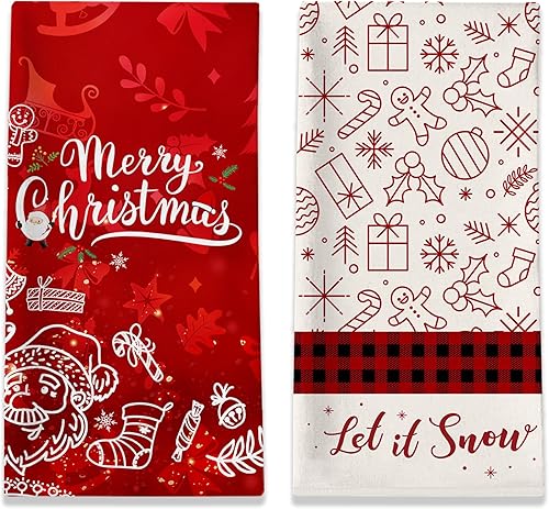 Juego de 2 toallas de cocina de Navidad, diseño de muñeco de nieve con texto en inglés Let it Snow a cuadros, juego de 2 paños para la inauguración
