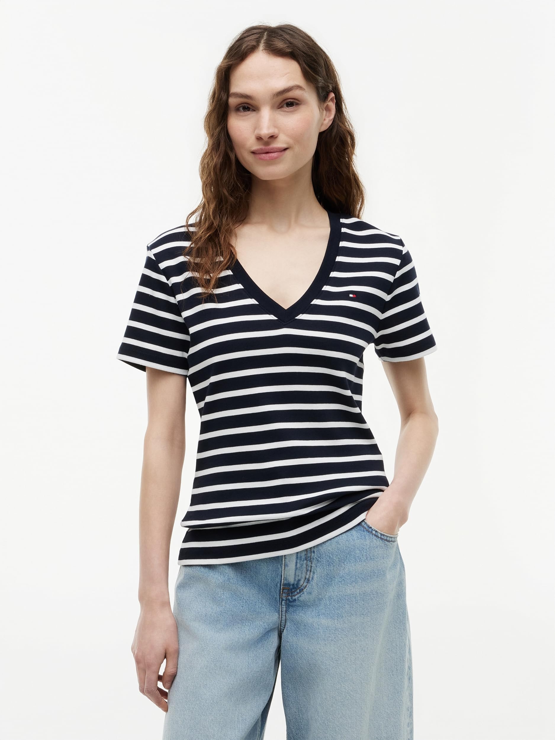 Tommy Hilfiger Damska koszulka z krótkim rękawem i dekoltem w serek, nowa koszulka Slim Cody, Niebieski (Nos Breton Desert Sky/Ecru), XXL