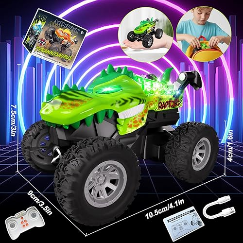 Miniatura 7 de Auto de dinosaurio a control remoto con luz RGB, juguete de camión monstruo vertical giratorio de 360 y paseo vertical, camión monstruo de control