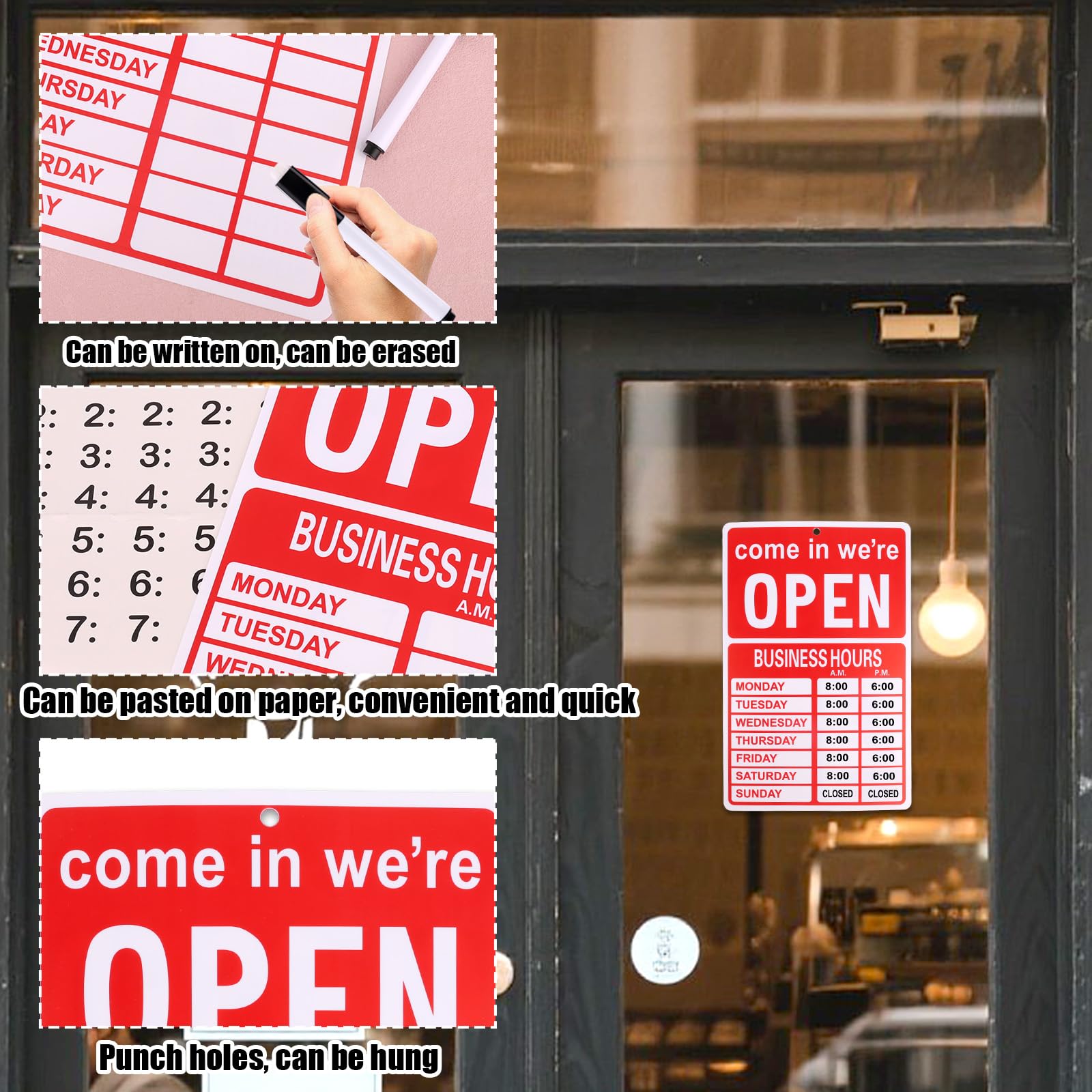 Letrero Horario Comercio, Letrero de Horario Comercial Tienda Escribible de Doble Cara con Bolígrafo y Pegatina Adecuado para Restaurantes Cafeterías Puertas y Ventanas Vidrio