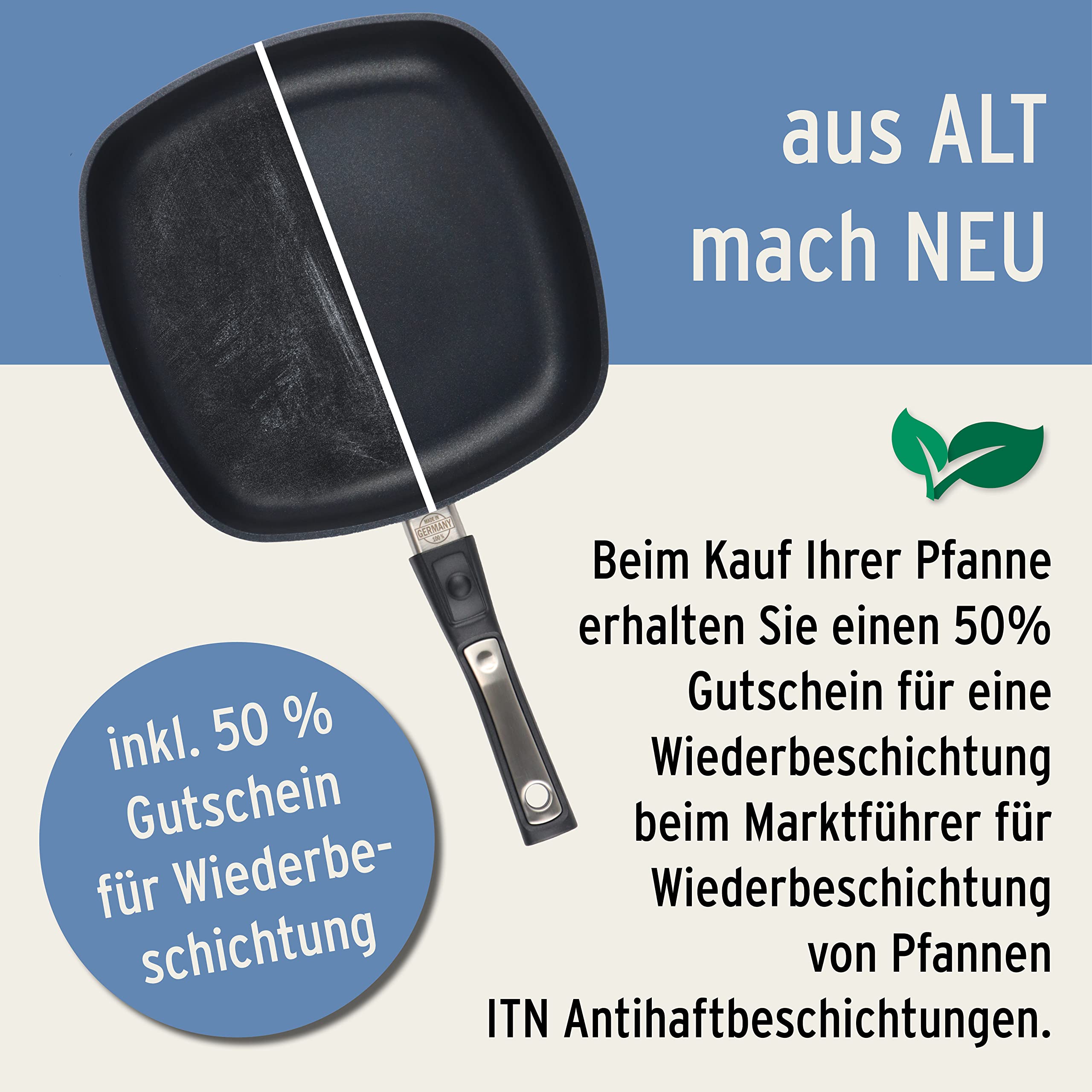 Bratpfanne eckig I Induktion I 24 x 24cm I Handmade in Germany I Hoher Rand I Für alle Herdarten geeignet I Antihaftbeschichtet I Abnehmbarer Stiel