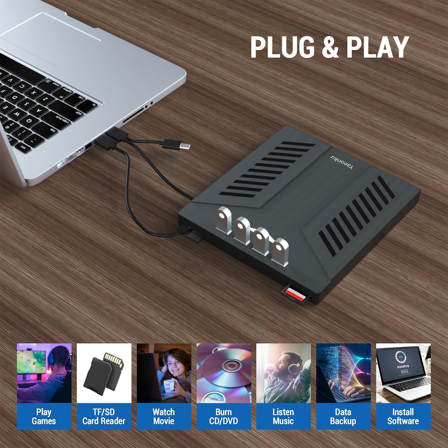 Yaeonku Harici CD DVD Sürücüsü, USB 3.0 Tip-C hub Optik Sürücü, CD