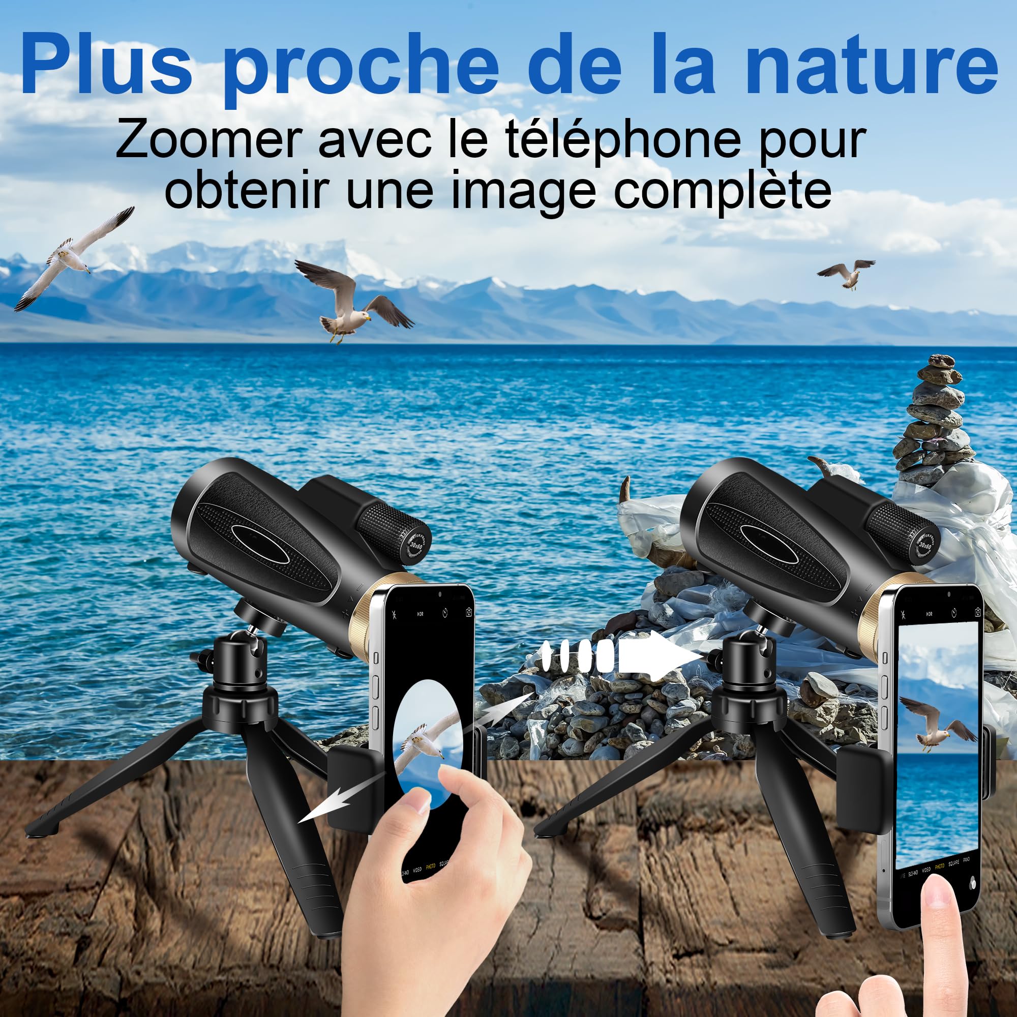 Telescope Monoculaire 30X60 Télescope Monoculaires Longue vue tir sportif Puissante Telescope Monocular avec Trepied Compact Professionnel Zoom Optique pour Smartphone Adultes Observation des oiseaux