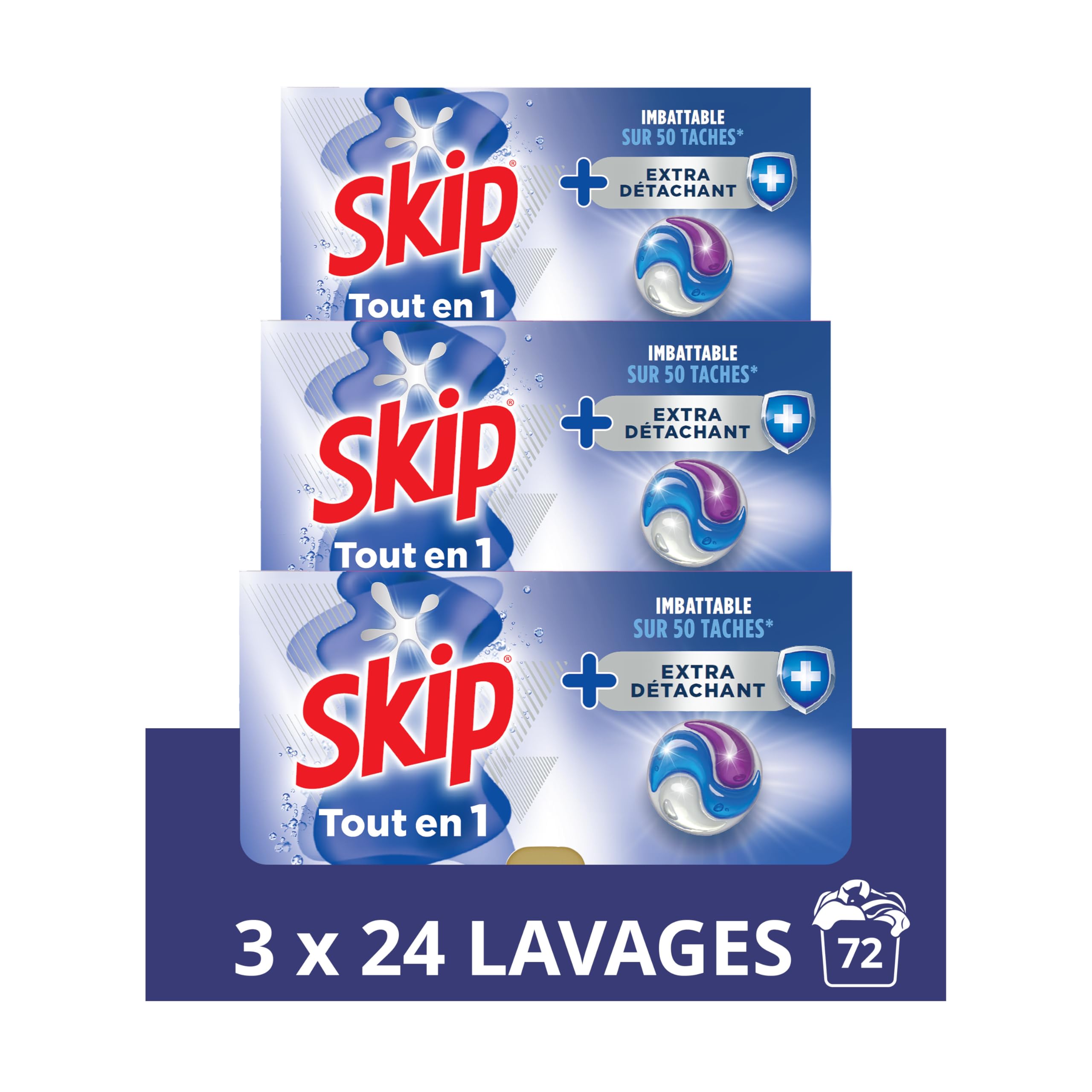 Skip Capsules Lessive Tout en 1 Extra Détachant, 72 Lavages | Élimine 50 taches tenaces, efficace en cycle court et à froid, formule concentrée pour un linge propre