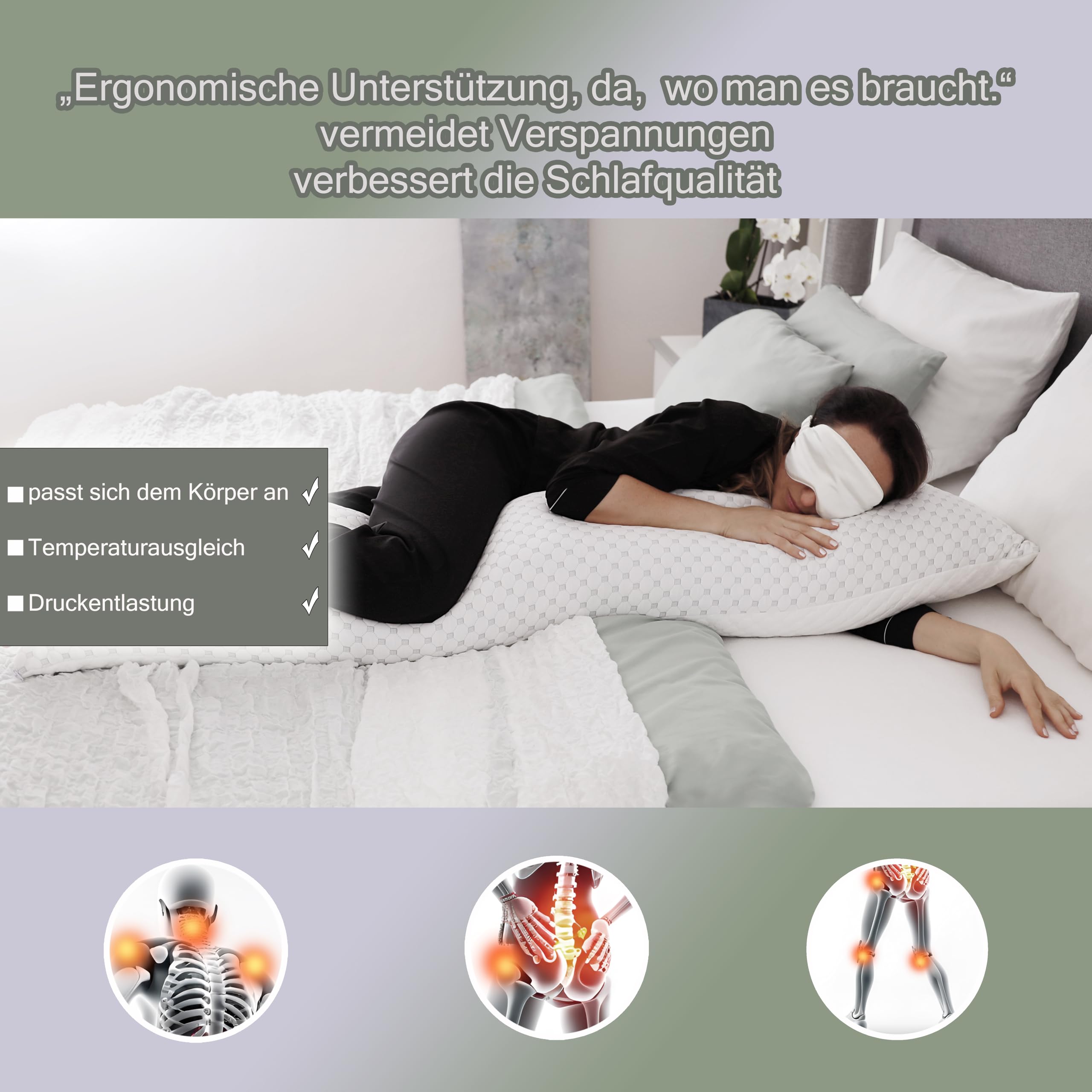 Seitenschläferkissen mit Bezug 40 x 145 cm - kühlendes Schwangerschaftskissen - Stillkissen mit Memory Foam - Orthopädisches Kissen - Pregnancy Pillow - Body Pillow - Schlafkissen